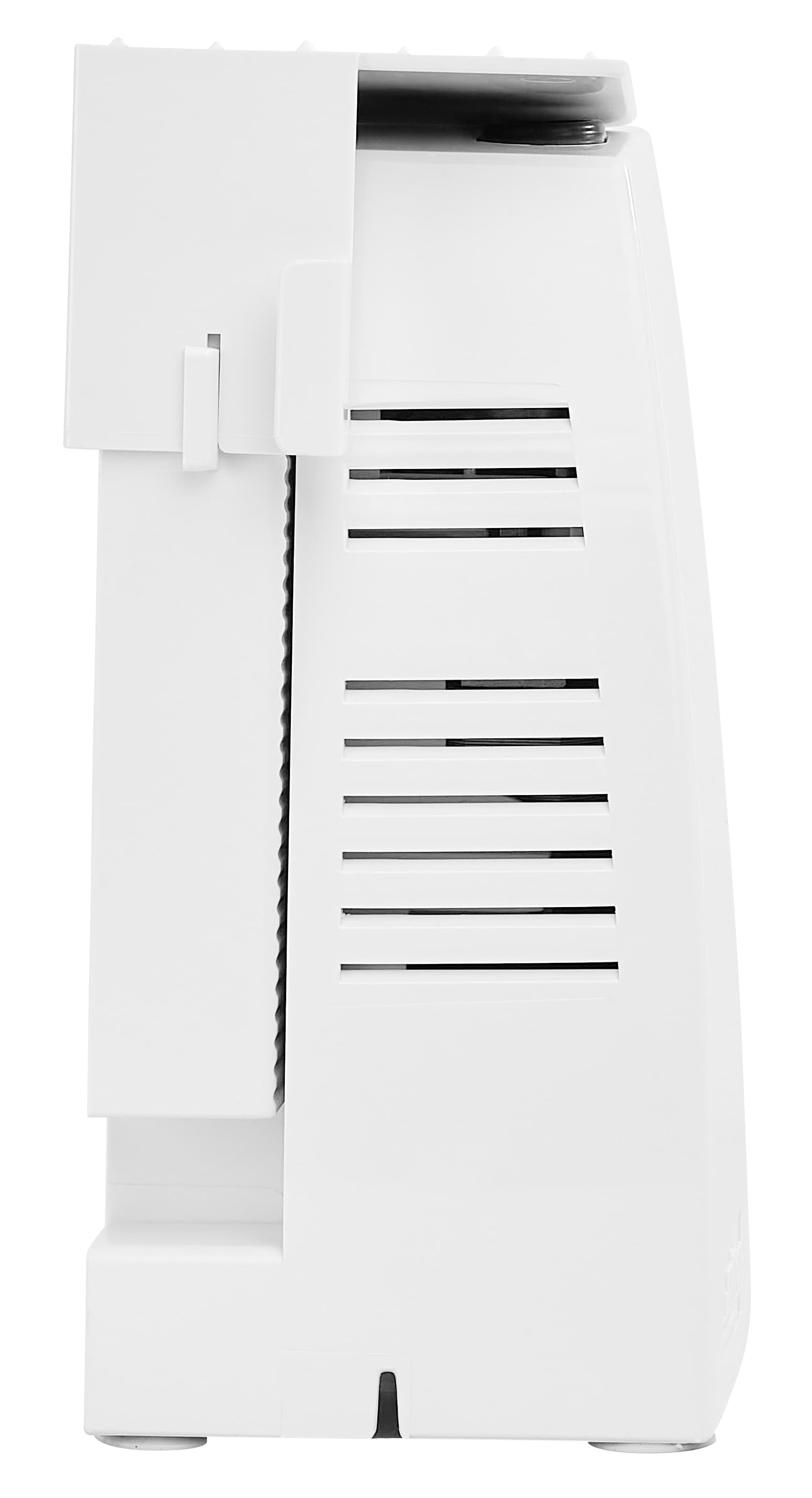White plastic food slicer, from the side