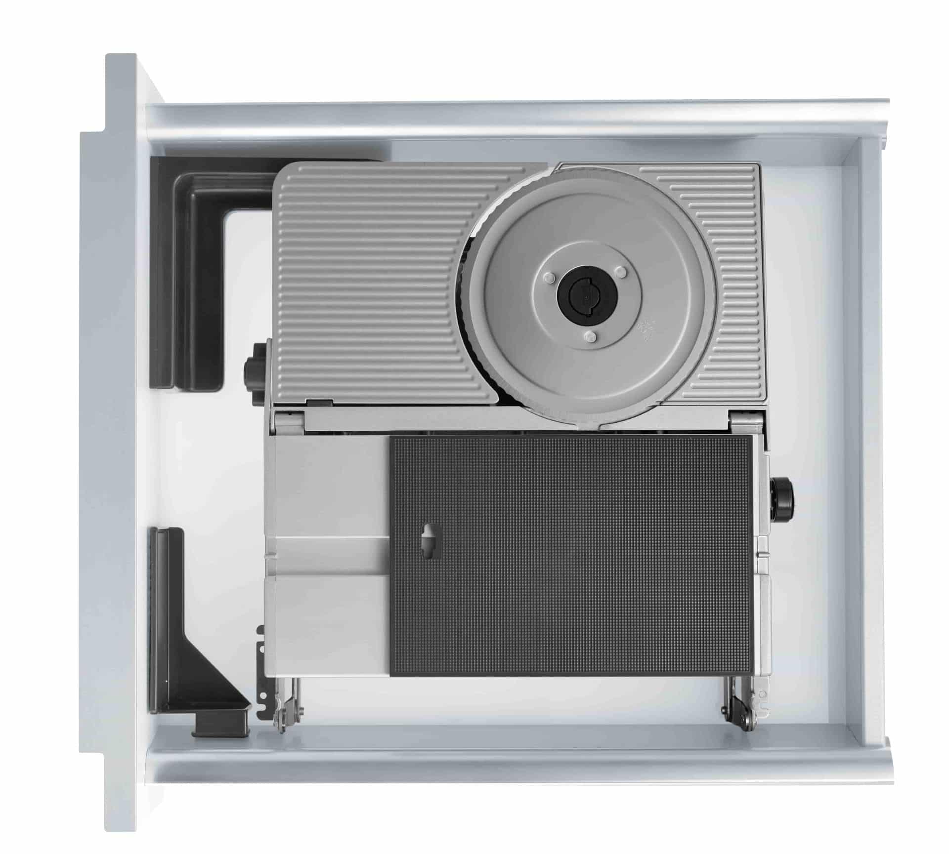 Electric built-in all food slicer in silver, folded view