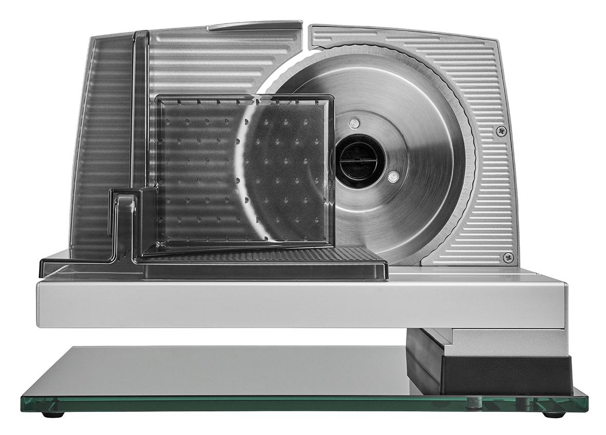 Electric food slicer in silver, rear view