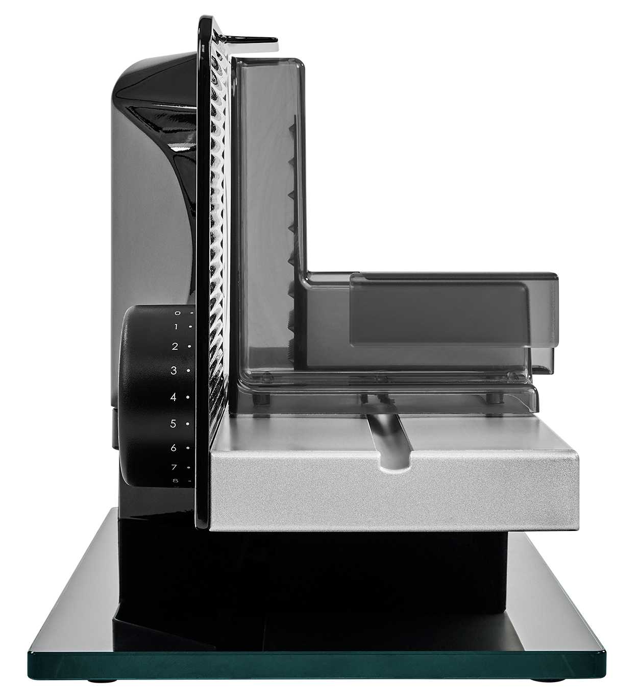 Elektrischer Allesschneider in schwarz, seitliche Ansicht