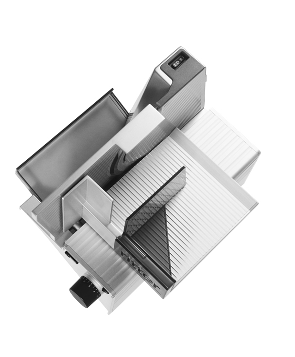 Electric food slicer in silver, angled view