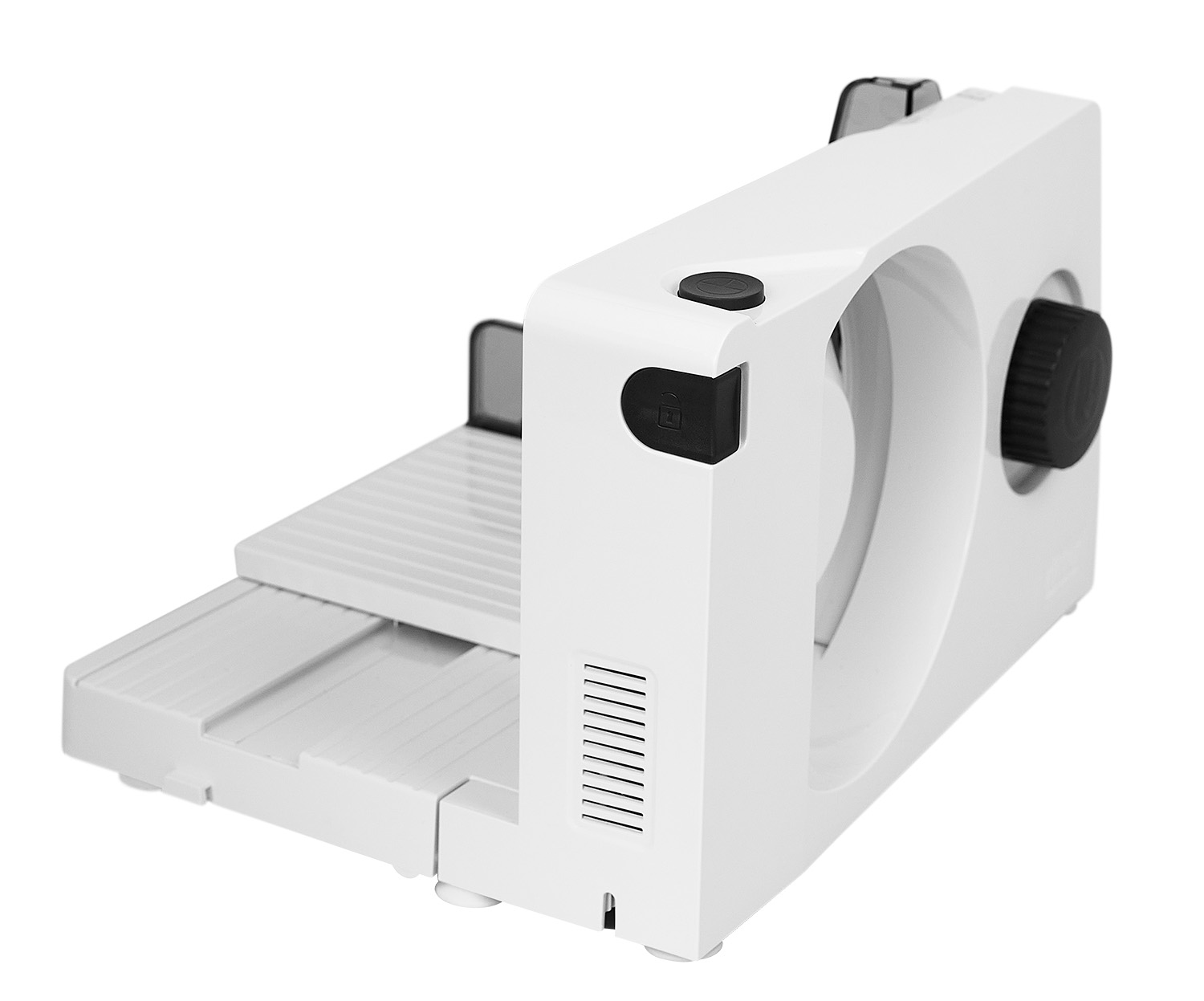 White plastic food slicer; angled view