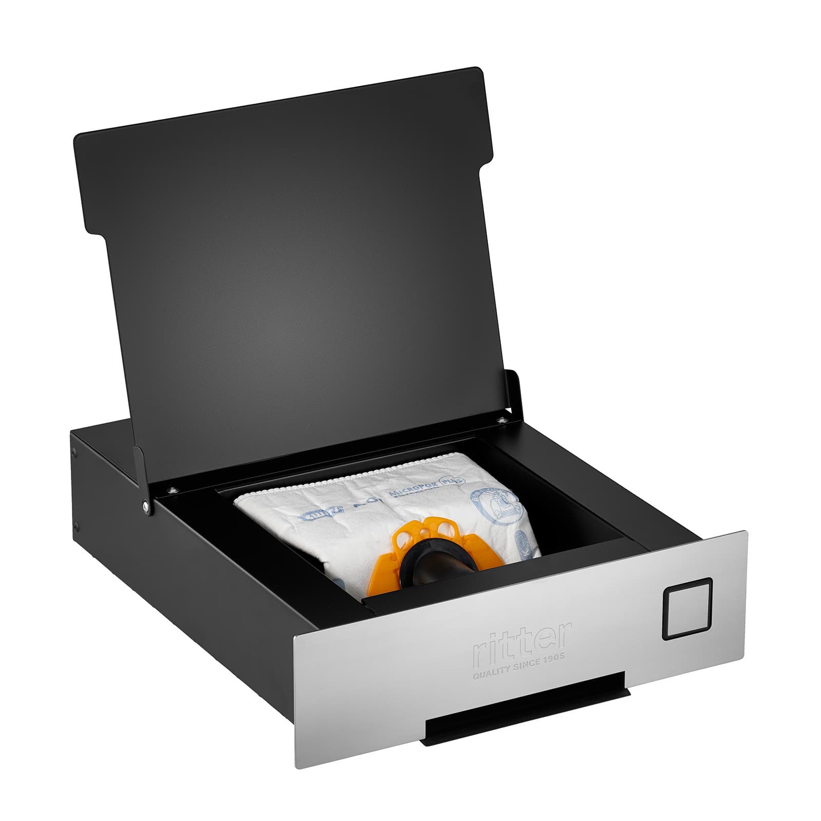 Ein Bild von dem im Einbau-Sockelsaugers enthaltenen Staubsaugerbeutels.