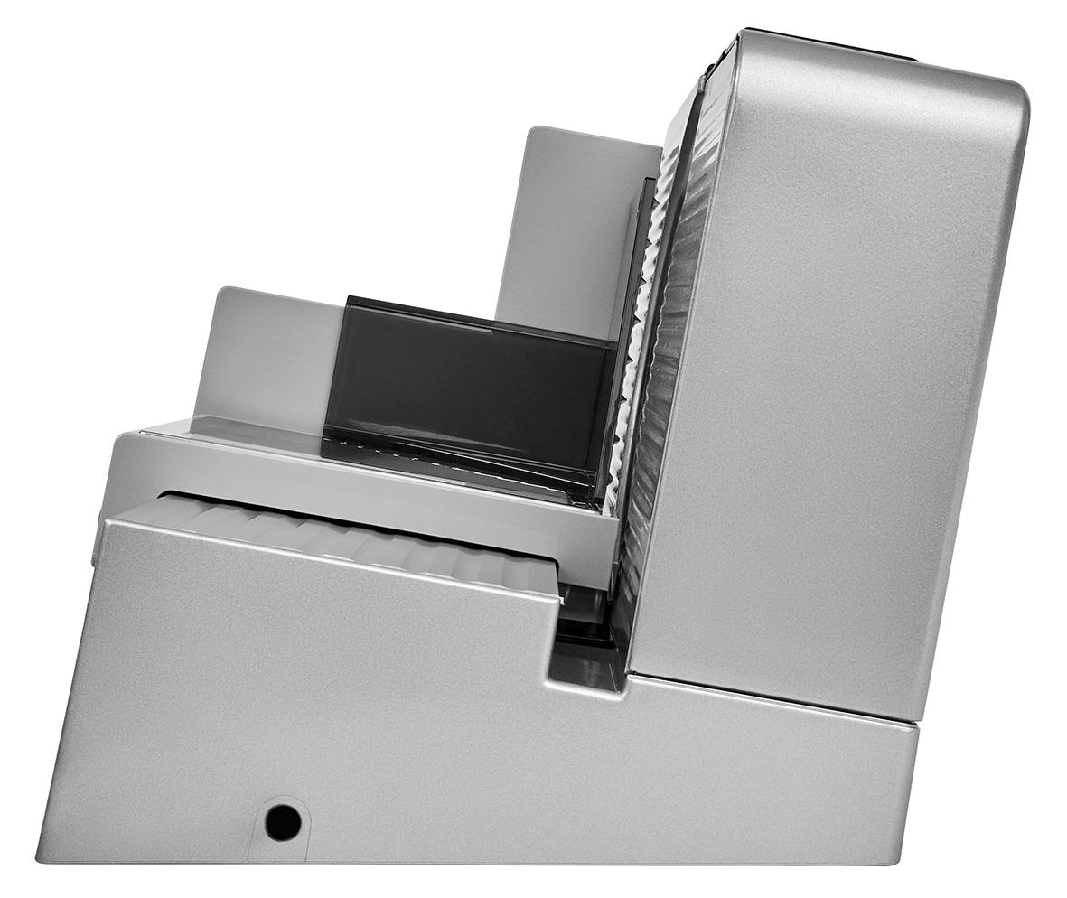 Elektrischer Allesschneider in silber, seitliche Ansicht