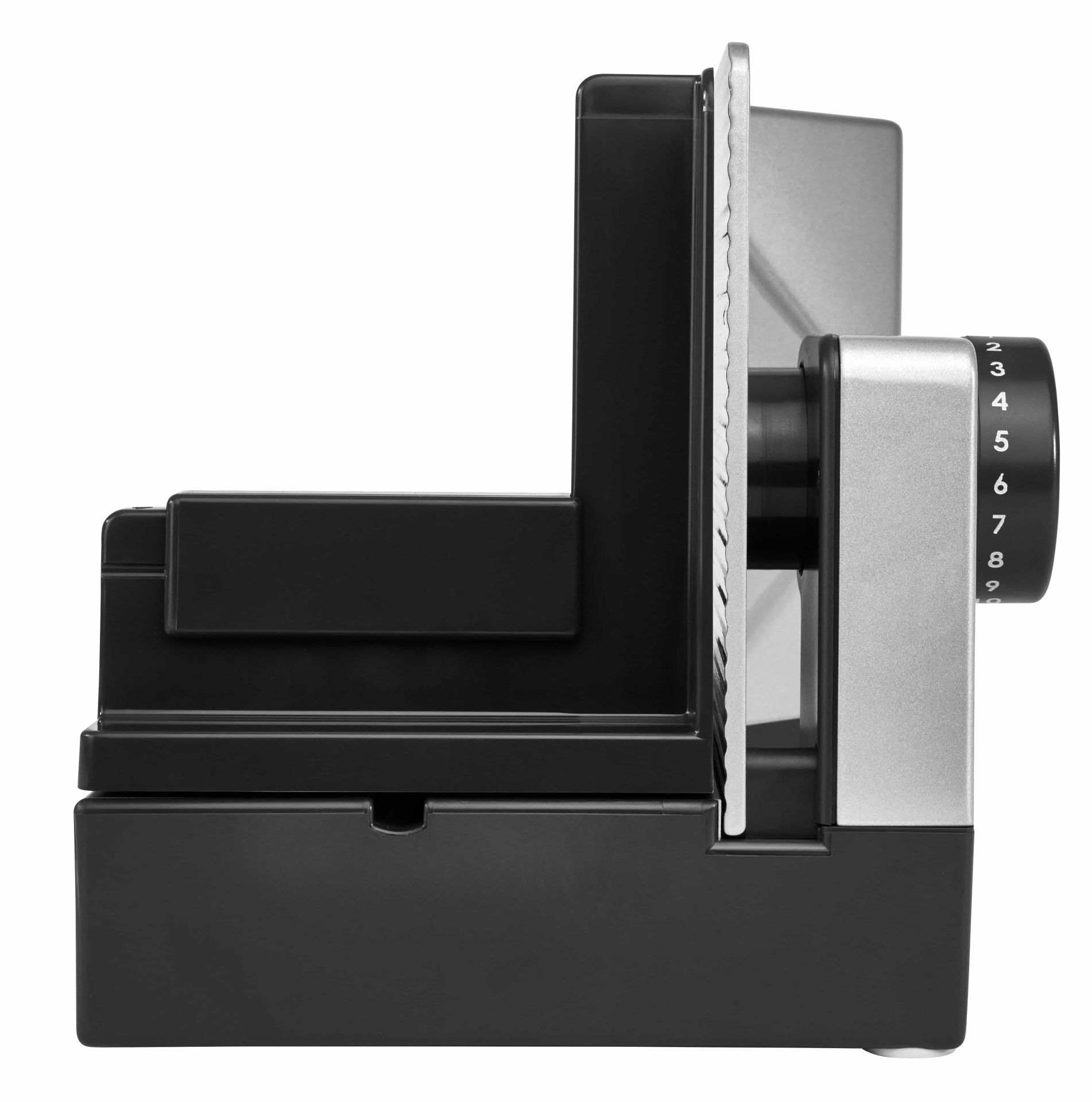 Elektrischer Allesschneider in Schwarz und Silber, von der Seite
