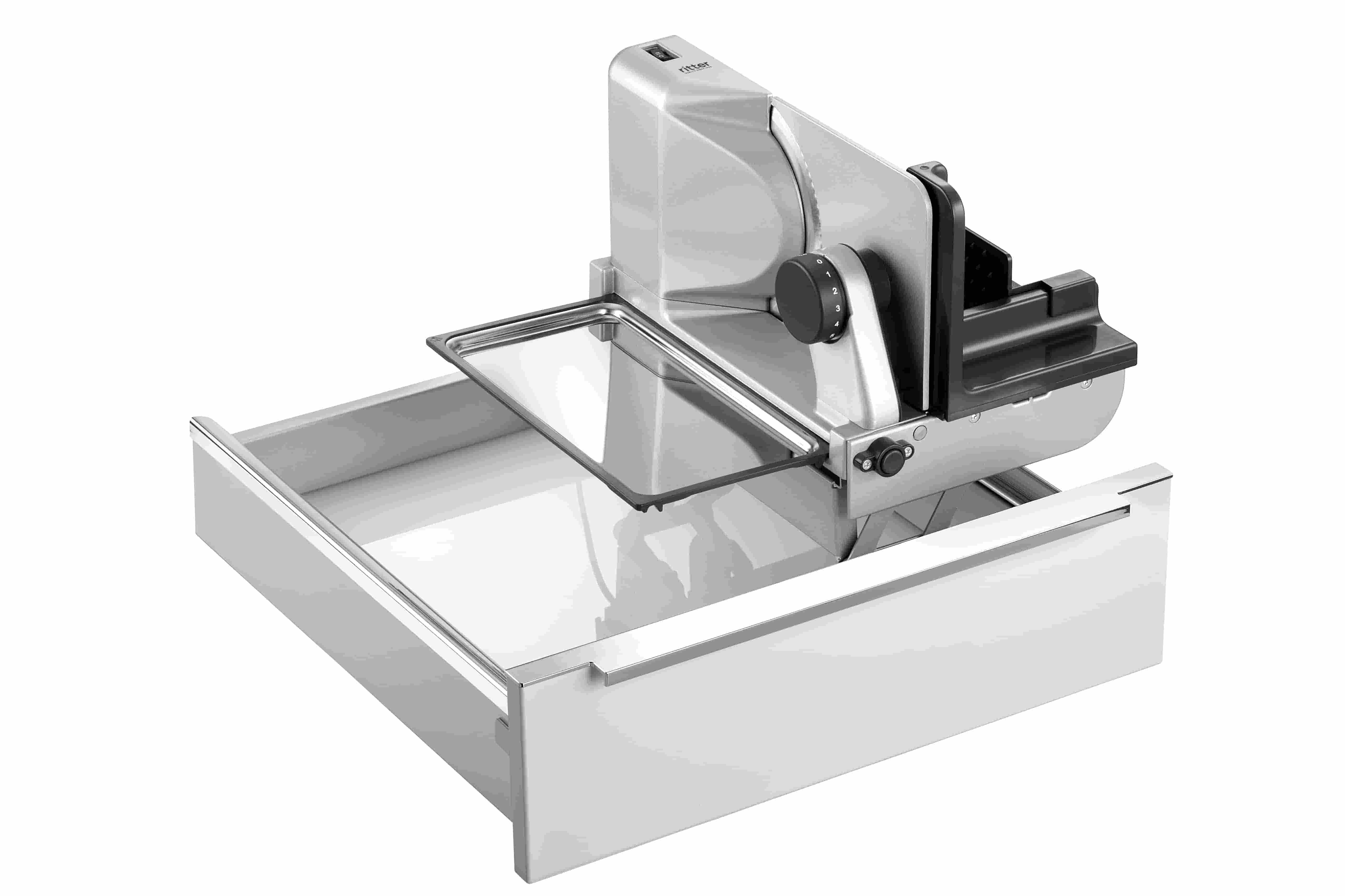 Electric built-in all food slicer in silver, angled