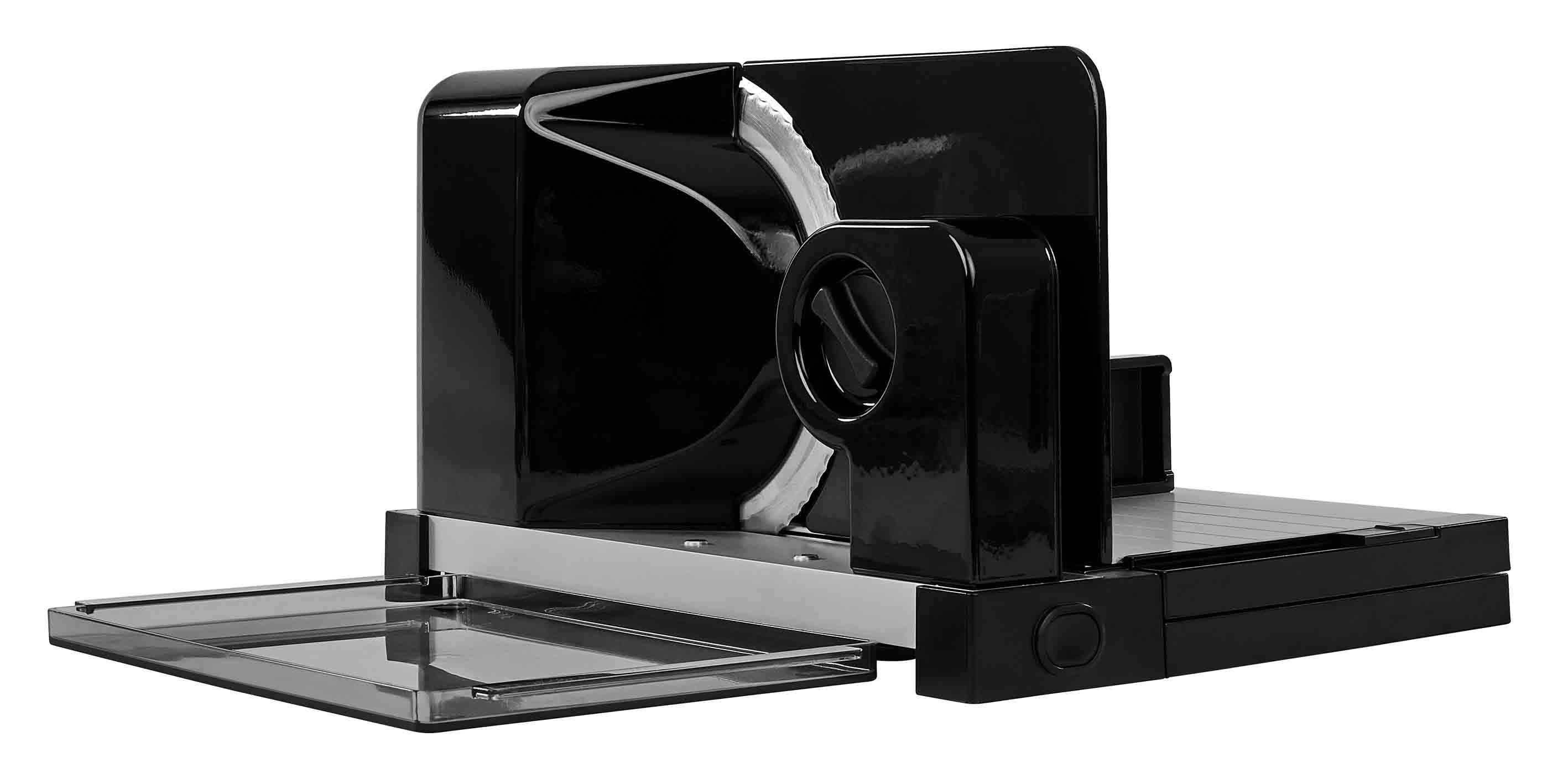 Electric food slicer in black, angled view