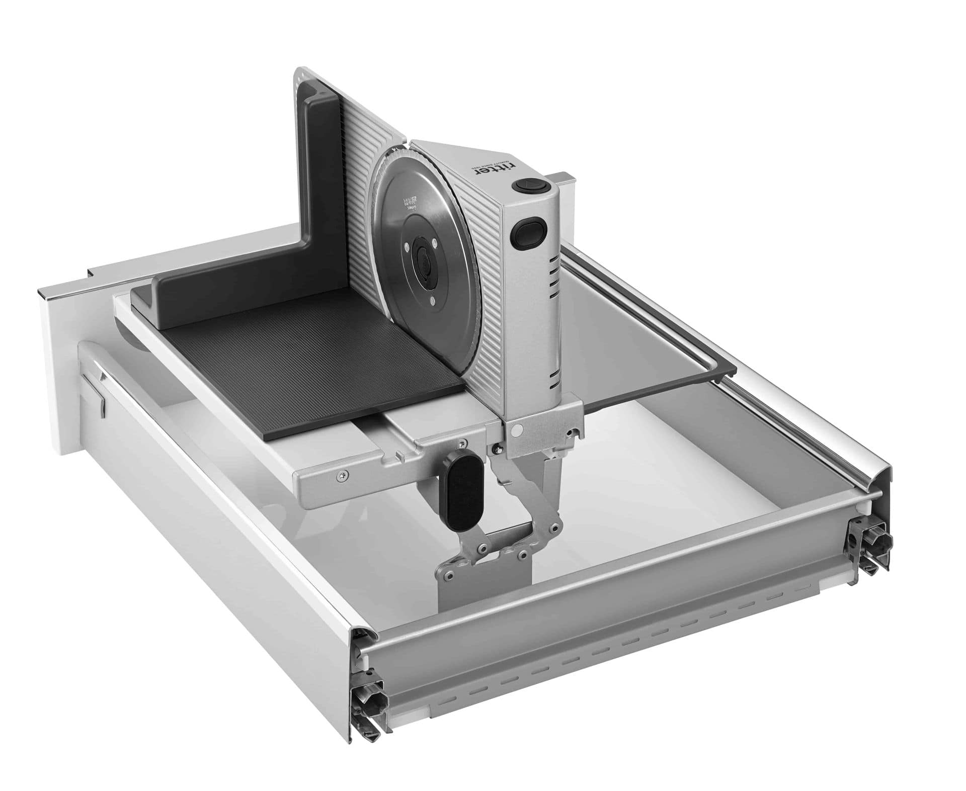 Electric built-in all food slicer in silver, angled view