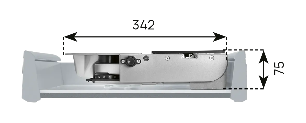 An image of a dimensional installation drawing of the right-guided built-in universal cutter, with the technical data 2.