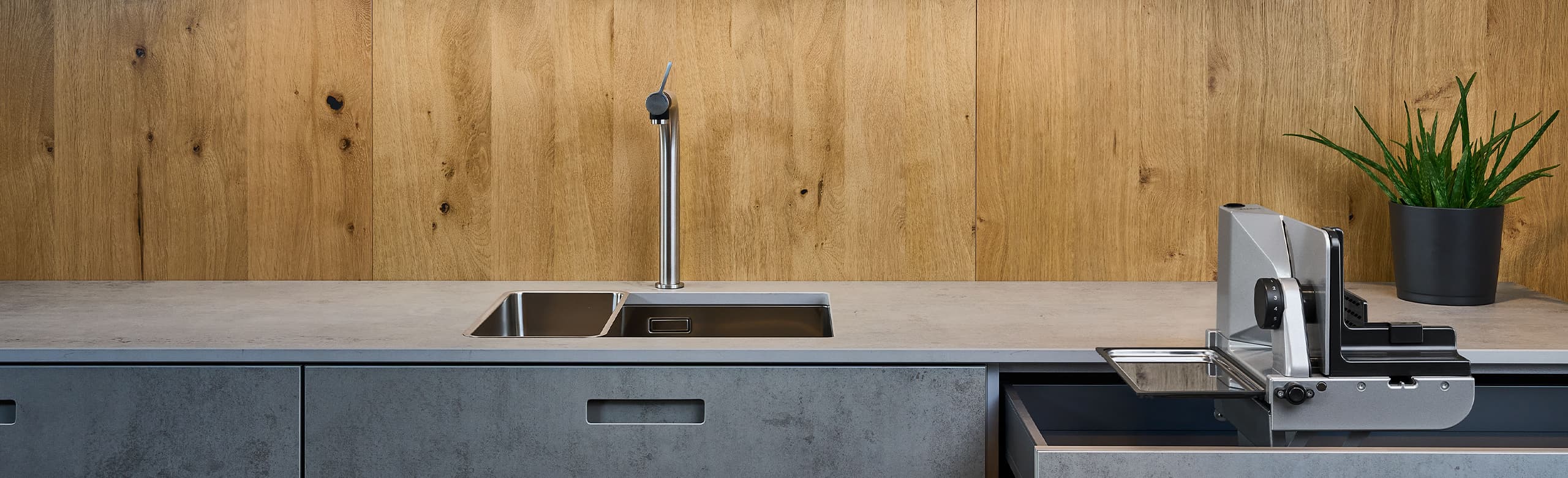 Ein Bild von einem Einbau-Allesschneider, der aus einer Küchenschublade hervorkommt, und einer Pflanze die auf der Arbeitsfläche steht.