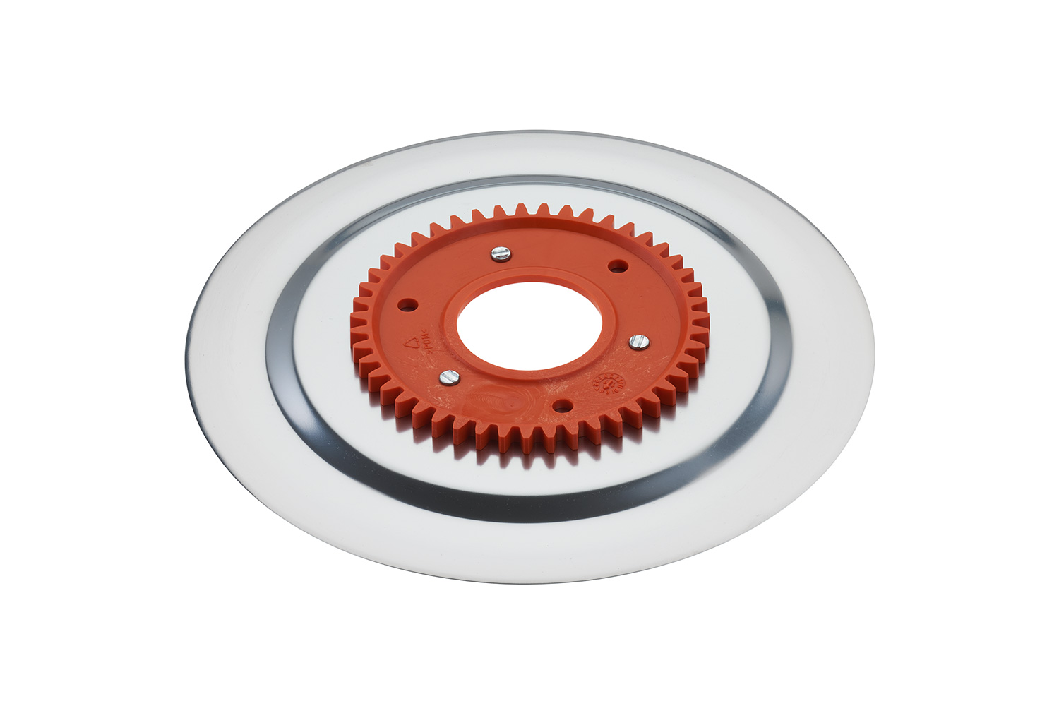 Ham- and sausage circular blade with electropolished surface and an orange gear