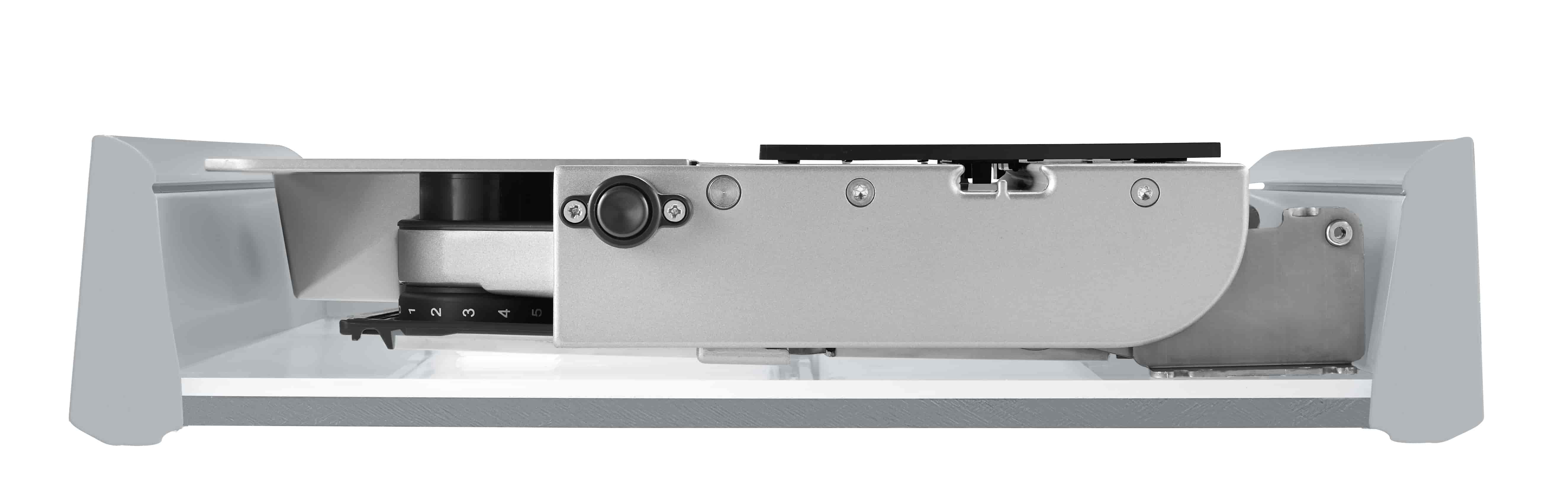 Electric built-in food slicer in silver, side view