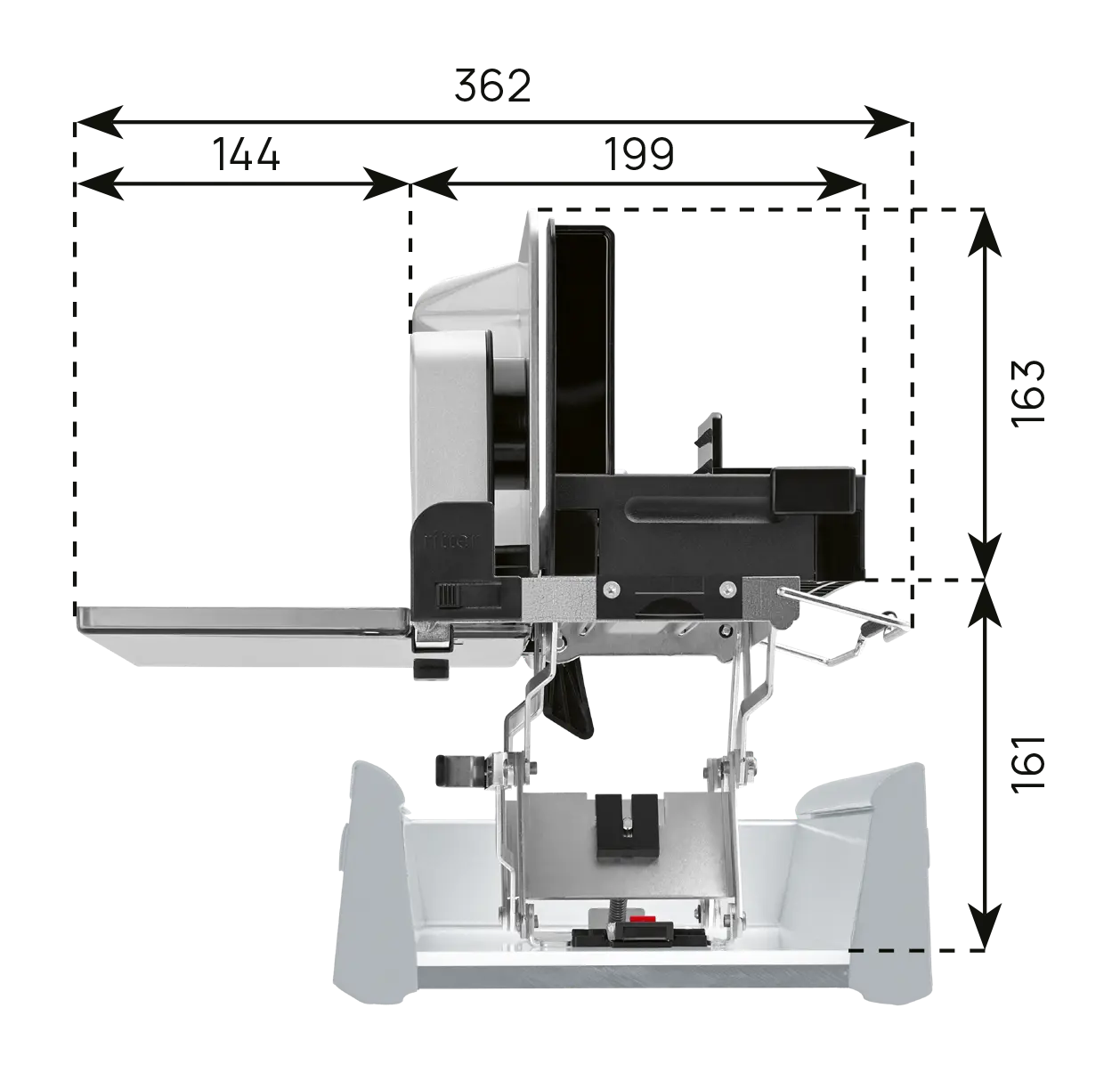 Ein Bild von einer Einbau-Maßzeichnung des Einbau-Allesschneiders, mit den technischen Daten 1.