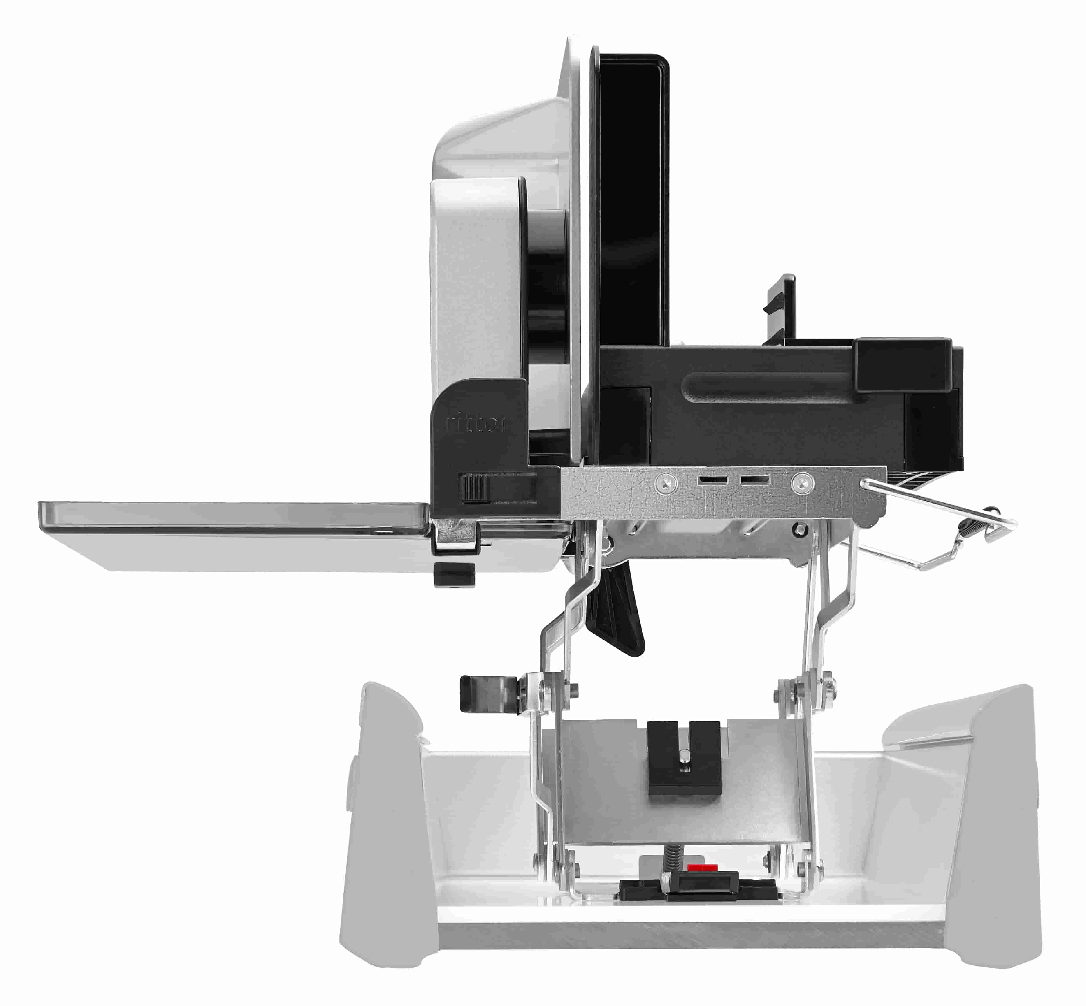 Elektrischer Einbau-Allesschneider in silber, seitliche Ansicht