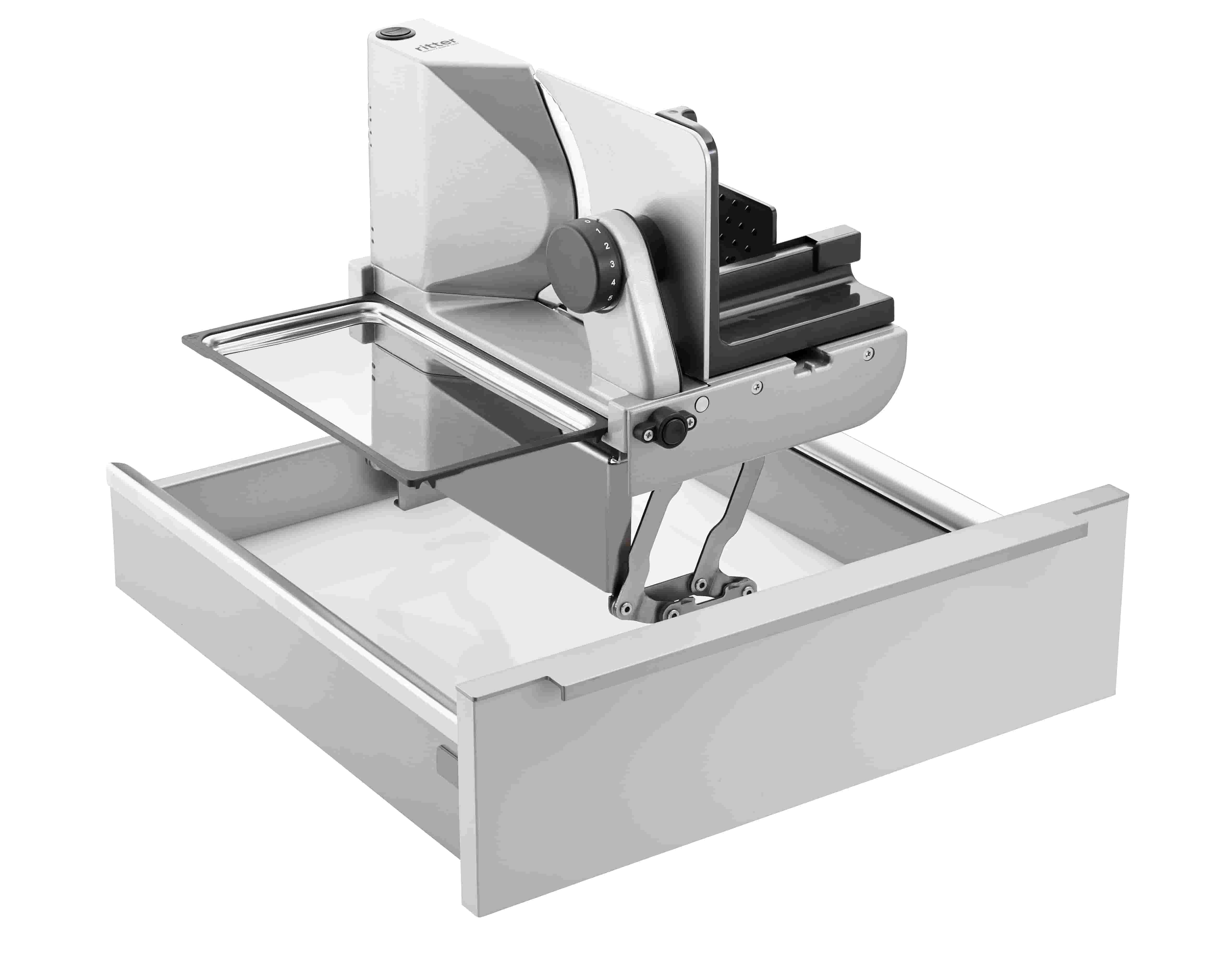 Electric built-in all food slicer in silver, angled view