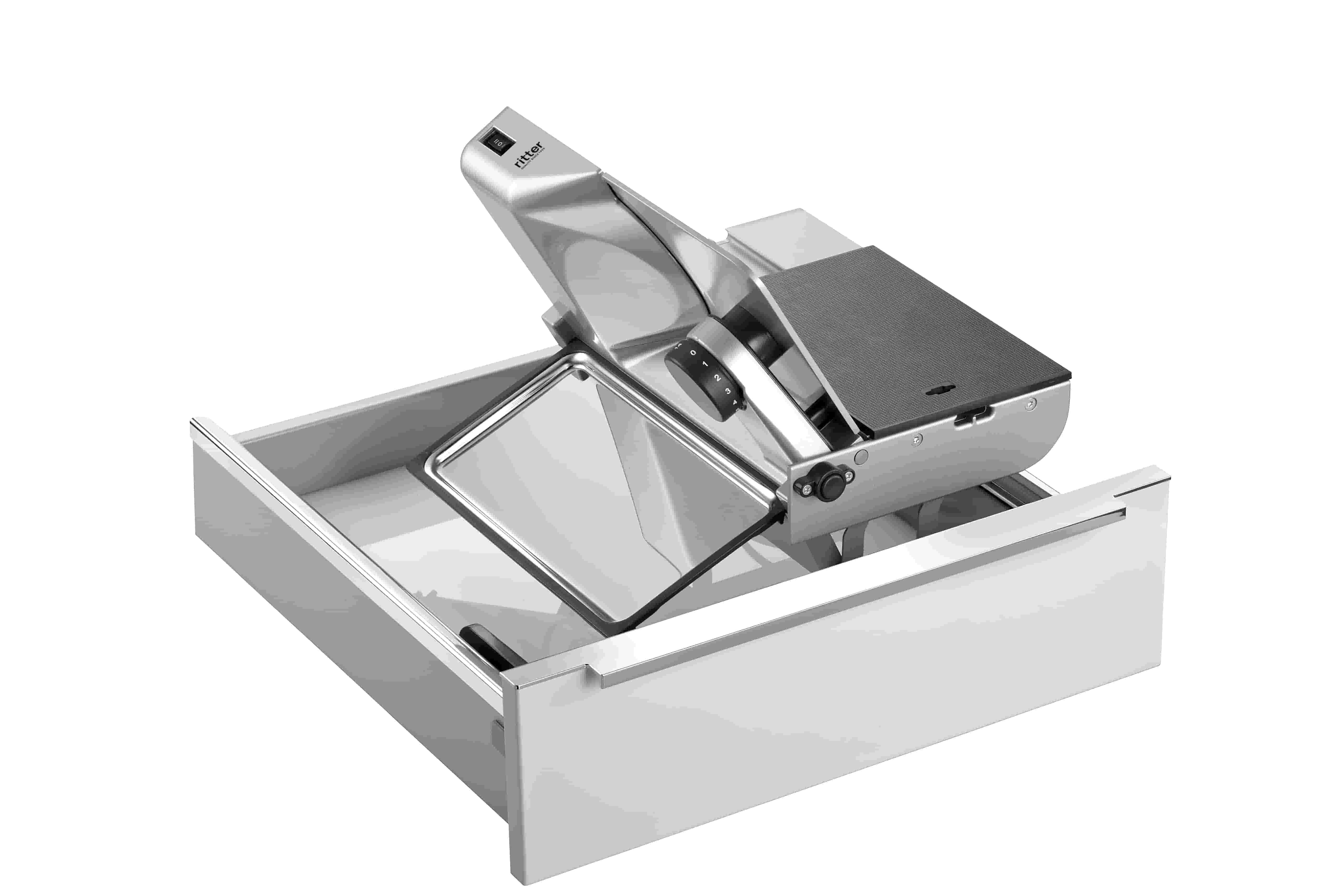 Electric built-in all food slicer in silver, angled