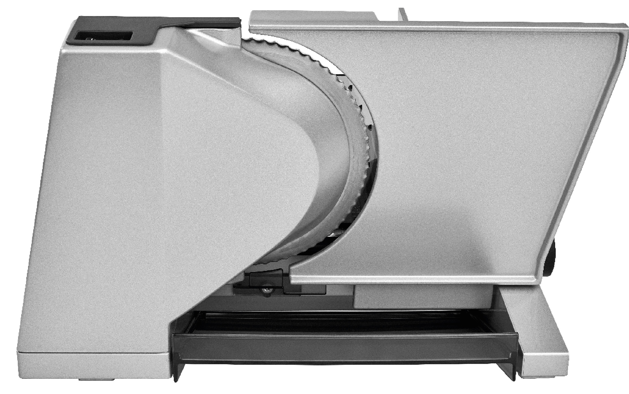Elektrischer Allesschneider in silber mit schwarzem Drehknopf Elektrischer Allesschneider in silber mit schwarzem Drehknopf