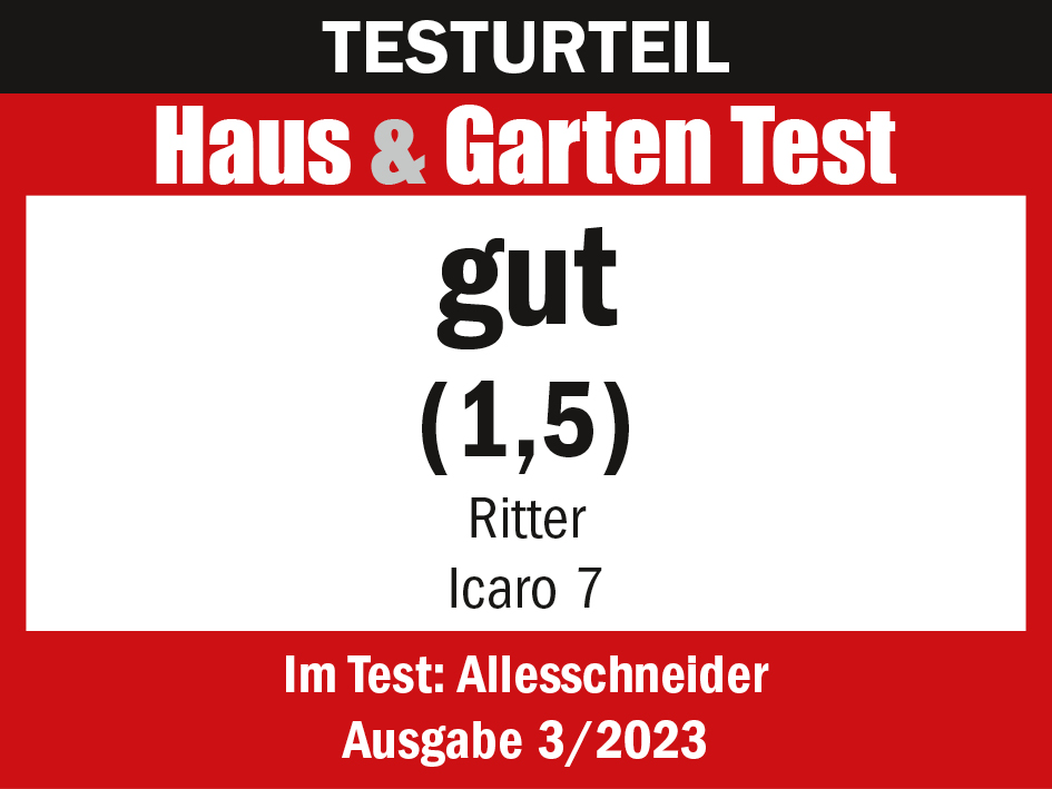 Auszeichnung vom Haus und Garten Test für den einklappbaren und elektrischen Allesschneider icaro 7, mit der Note "gut" (1,5)