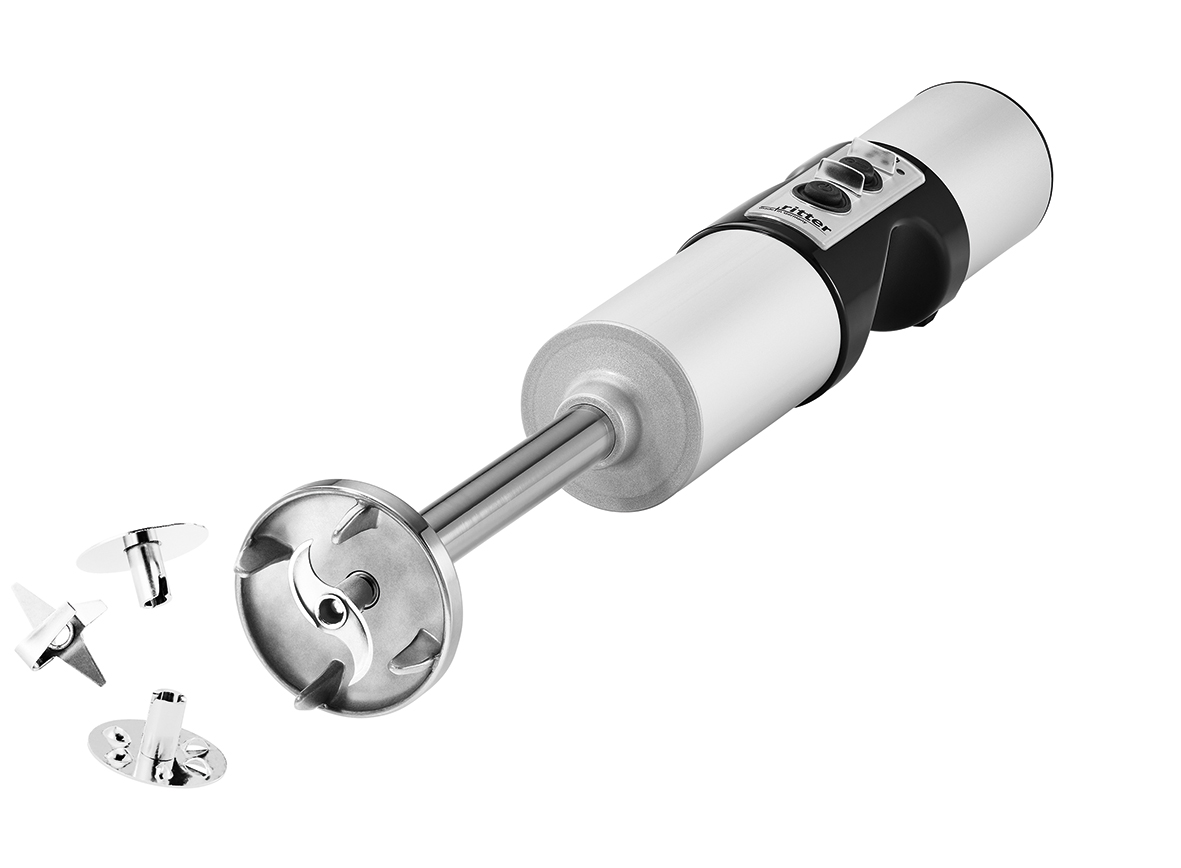 Der silberne Stabmixer mit allen Ausätzen.