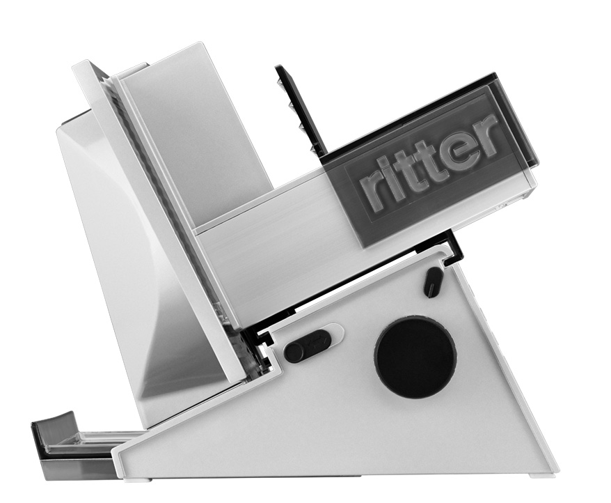 Electric food slicer in silver, side view