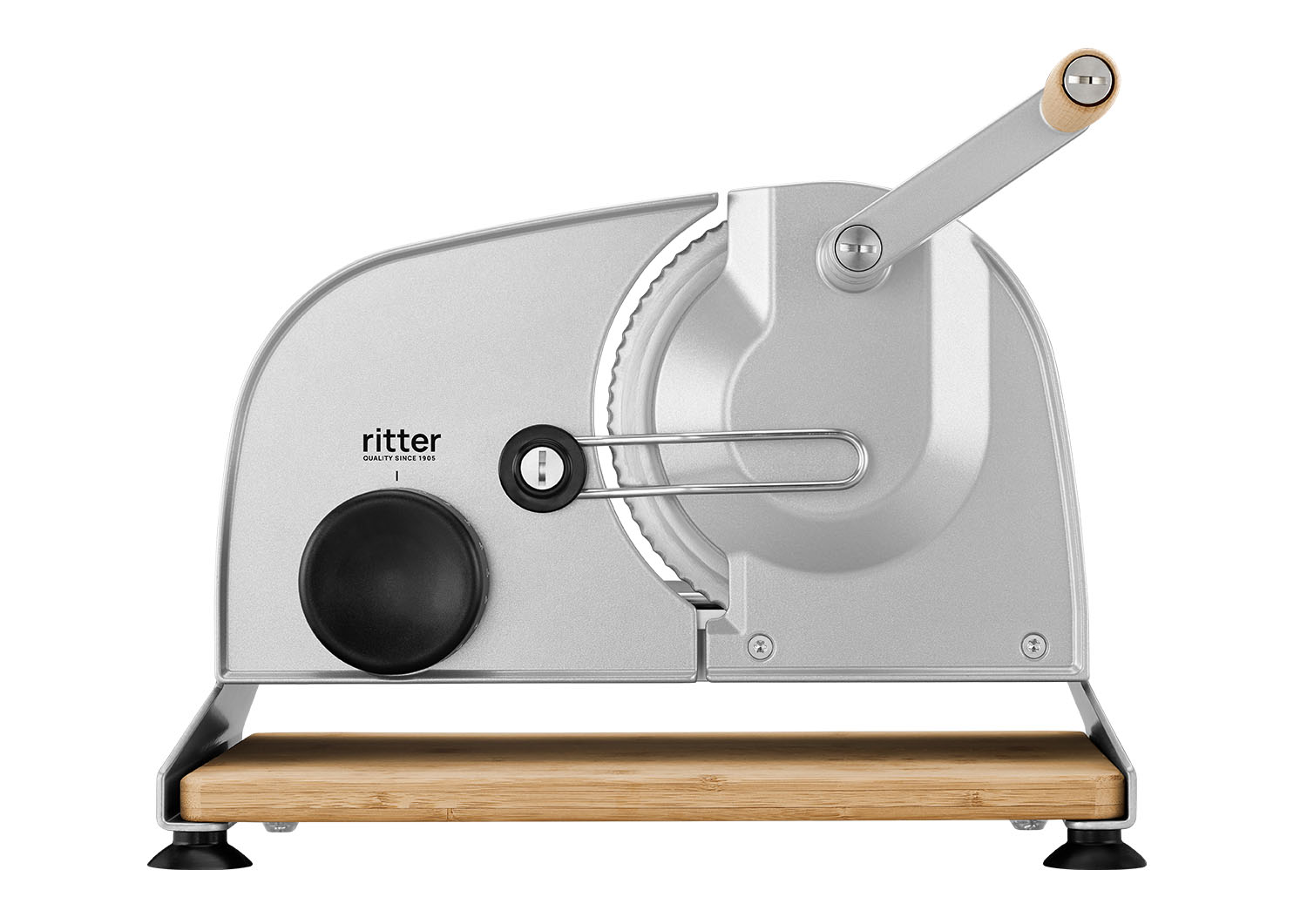Silver manual food slicer of the brand ritter with black knob, handle and bamboo board Silver manual food slicer of the brand ritter with black knob, handle and bamboo board