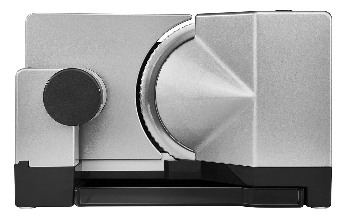 Elektrischer Allesschneider in Schwarz und Silber, mit schwarzem Drehknopf Elektrischer Allesschneider in Schwarz und Silber, mit schwarzem Drehknopf