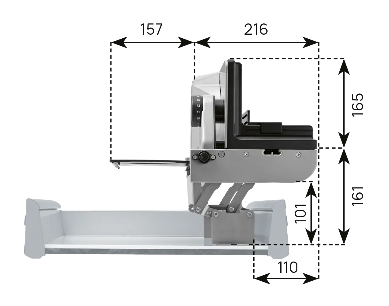 An image of a dimensional installation drawing of the right-guided built-in universal cutter, with the technical data 1.