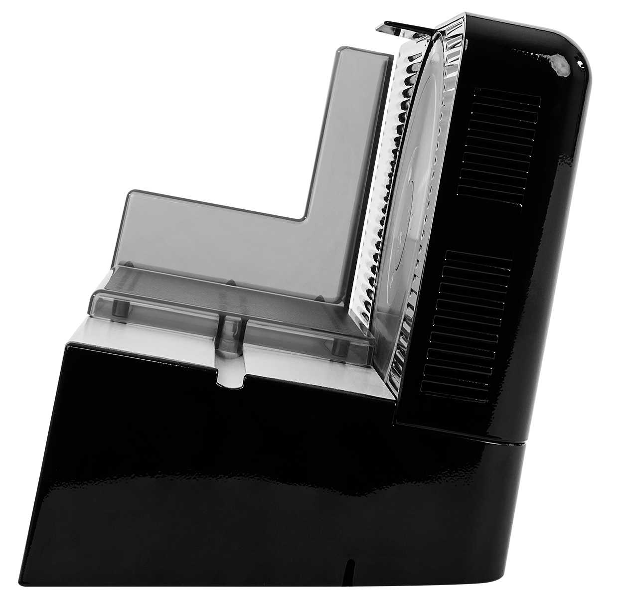 Electric food slicer in black, side view