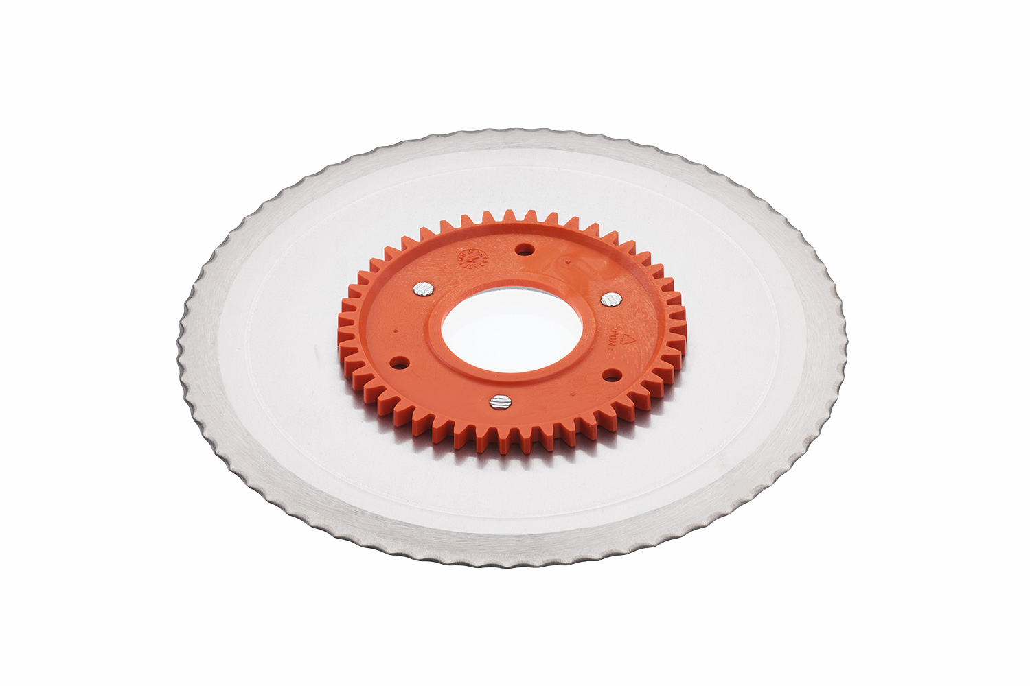 Serrated circular blade with an orange gear