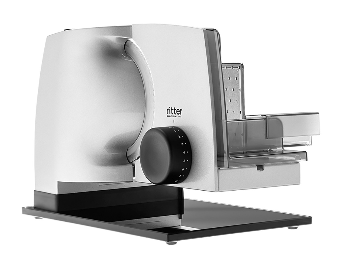 Electric food slicer in silver, angled view