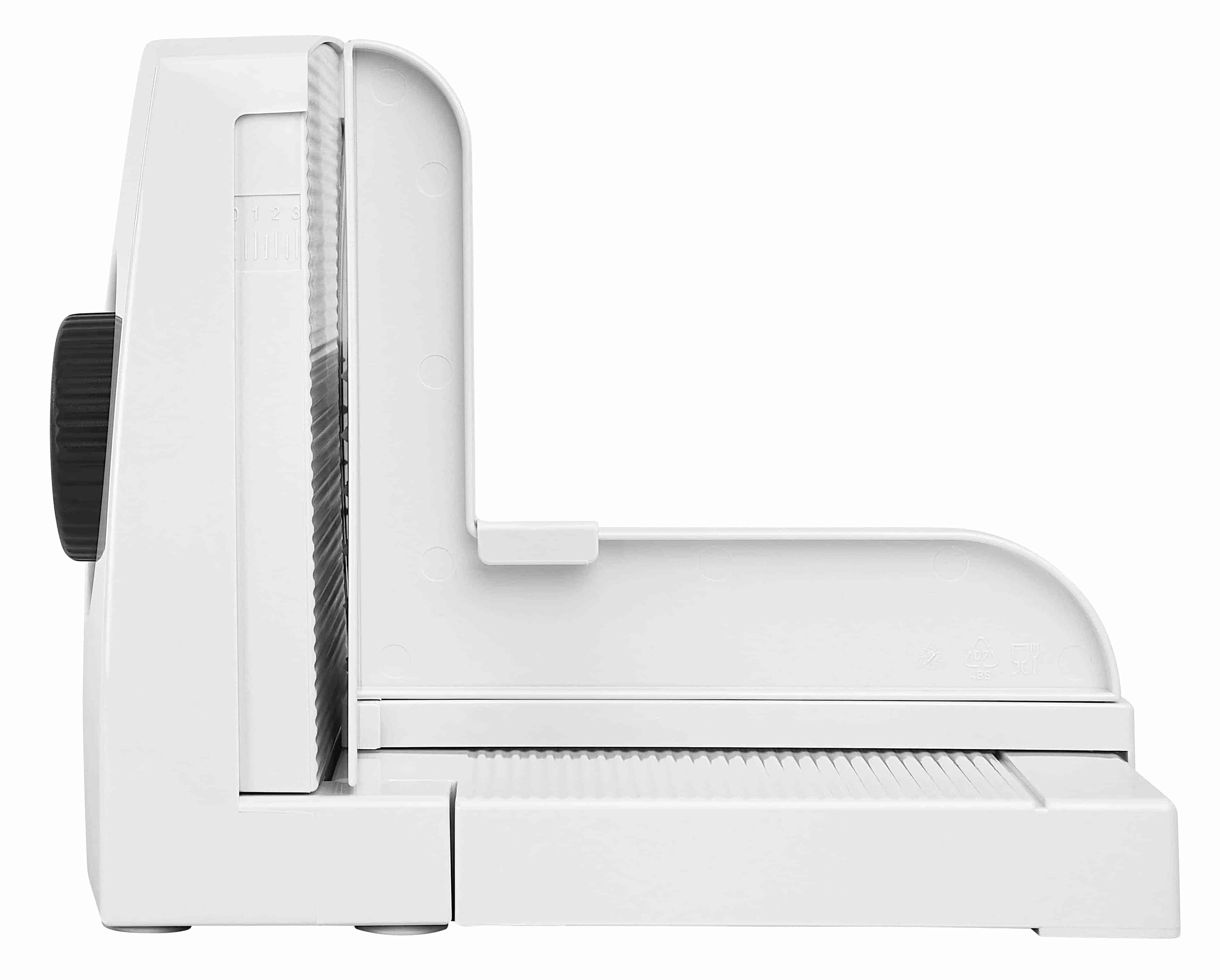 White plastic food slicer, from the side