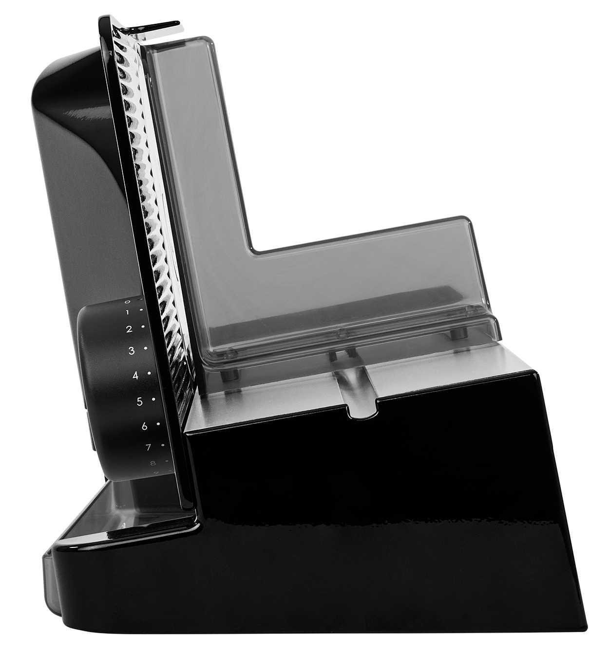 Electric food slicer in black, side view