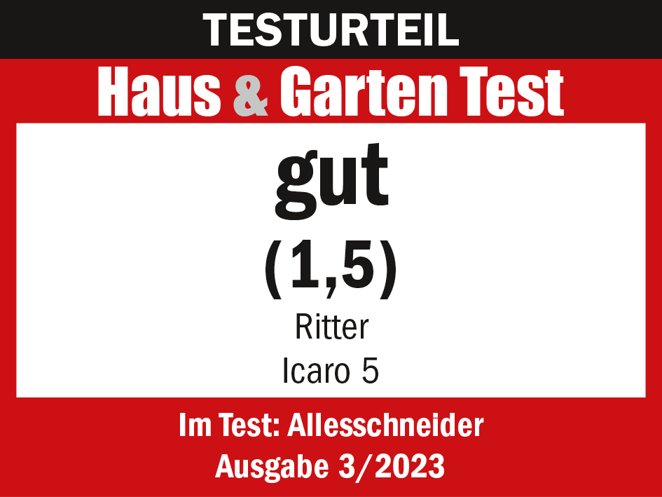 Auszeichnung Award from Haus und Garten Test for the icaro 5 folding and electric all-purpose slicer, with the grade “good” (1.5)