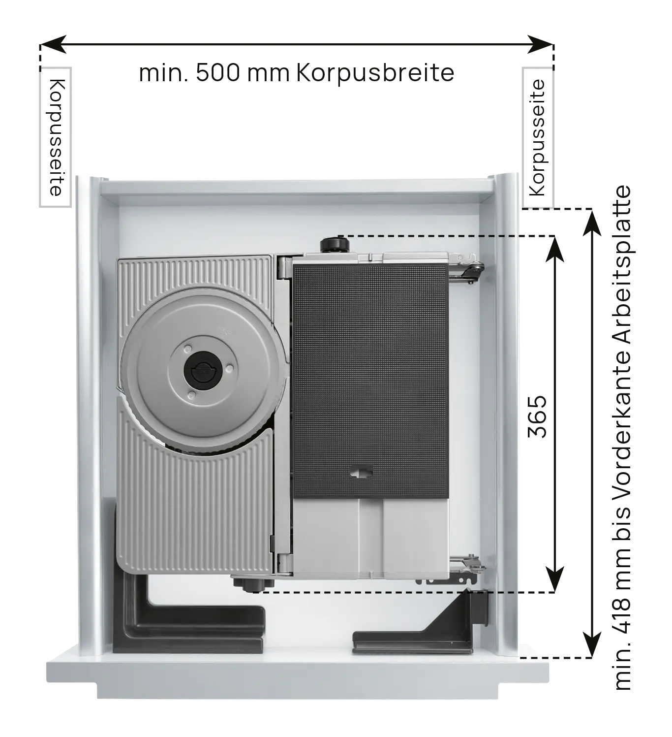 An image of a dimensional installation drawing of the right-guided built-in universal cutter, with the technical data 3.