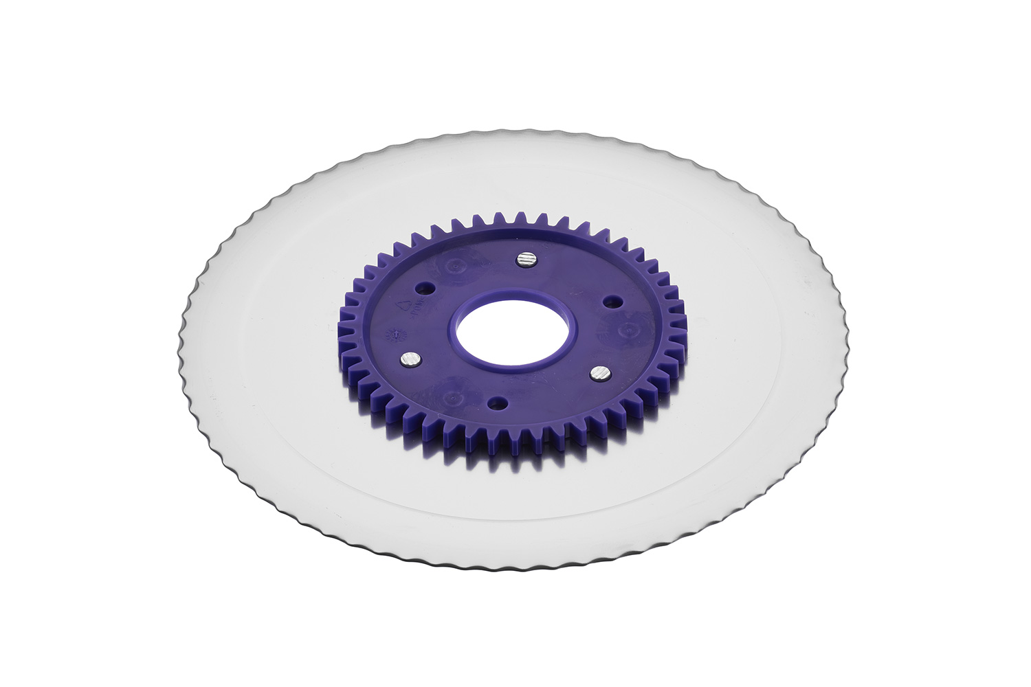 Serrated circular blade with electropolished surface and a purple gear