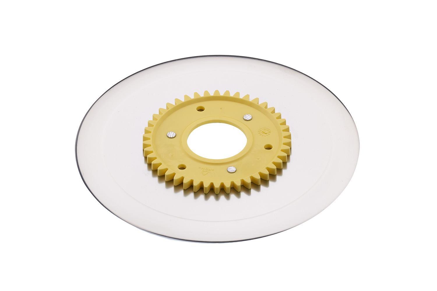 Ham- and sausage circular blade with electropolished surface and a yellow gear
