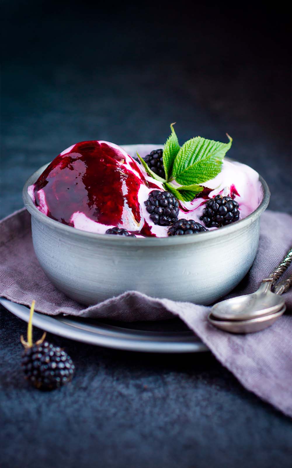 Eine Schüssel mit cremigem selbstgemachtem Eis, garniert mit Brombeeren, Brombeersoße und einem grünen Blatt. Das Eis steht auf einem Teller mit Leinentuch, daneben liegt ein Löffel. Eine frische Brombeere liegt im Vordergrund Eine Schüssel mit cremigem selbstgemachtem Eis, garniert mit Brombeeren, Brombeersoße und einem grünen Blatt. Das Eis steht auf einem Teller mit Leinentuch, daneben liegt ein Löffel. Eine frische Brombeere liegt im Vordergrund
