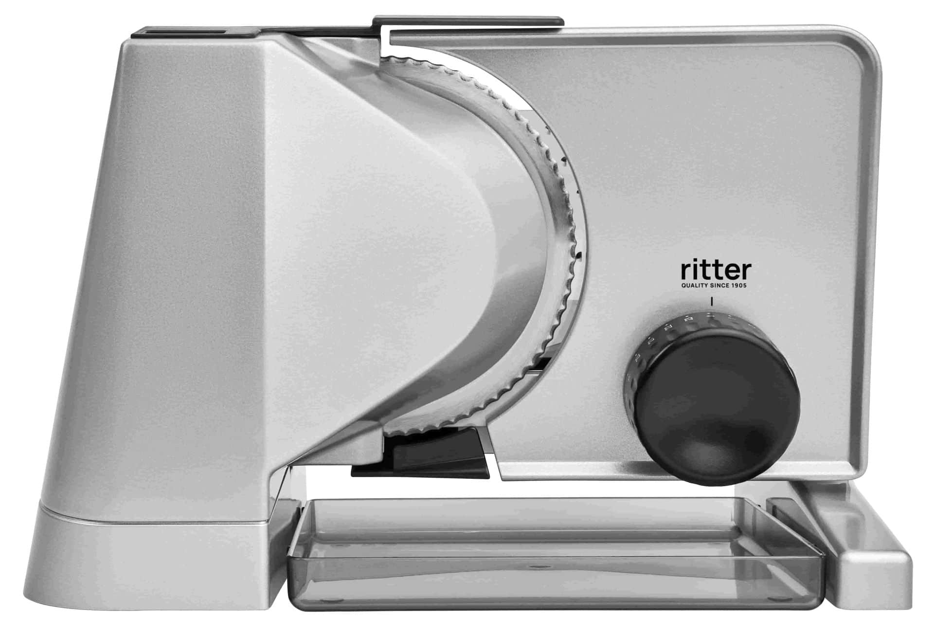 Elektrischer Allesschneider in silber mit schwarzem Drehknopf Elektrischer Allesschneider in silber mit schwarzem Drehknopf
