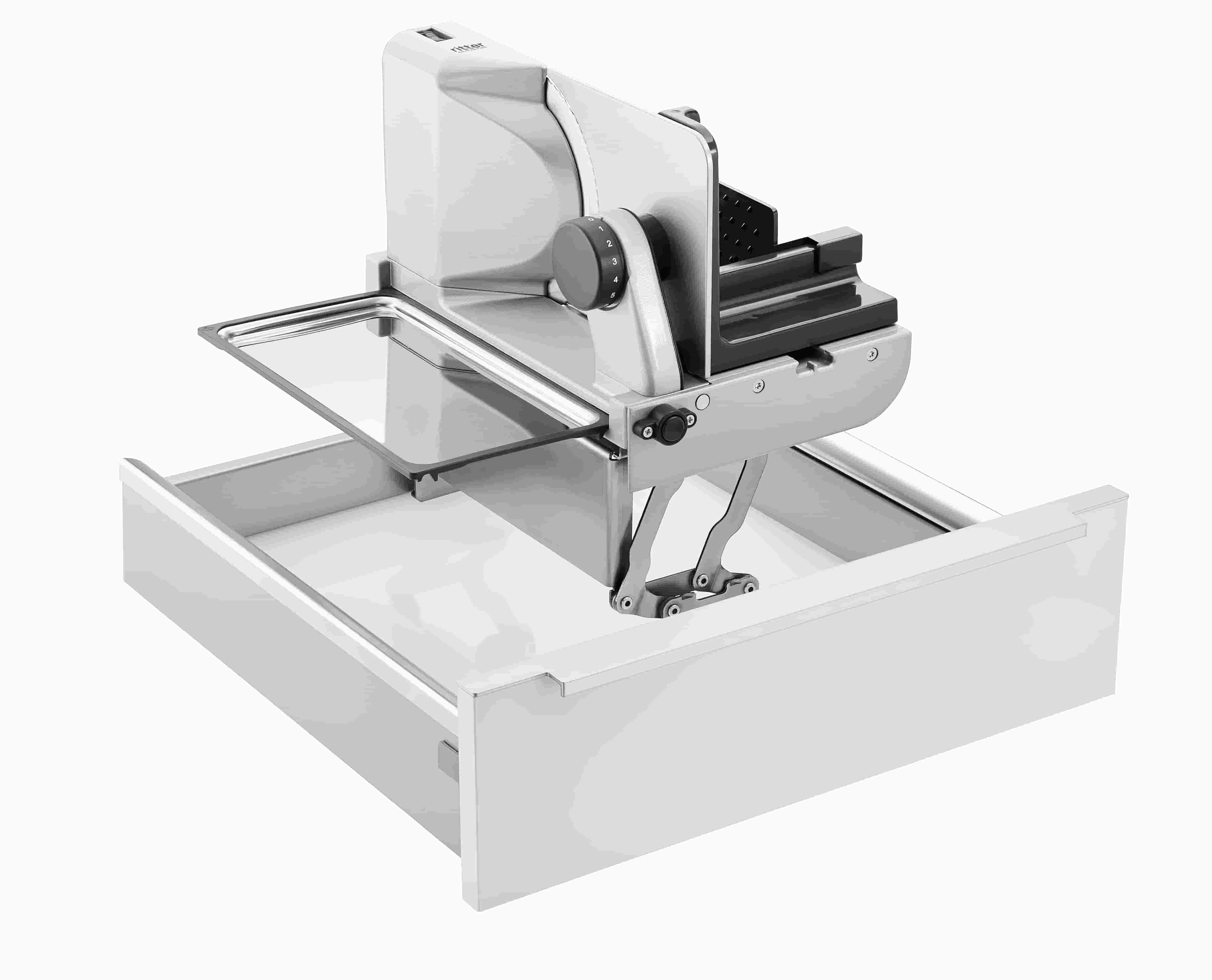 Elektrischer Einbau-Allesschneider in silber, schräge Ansicht