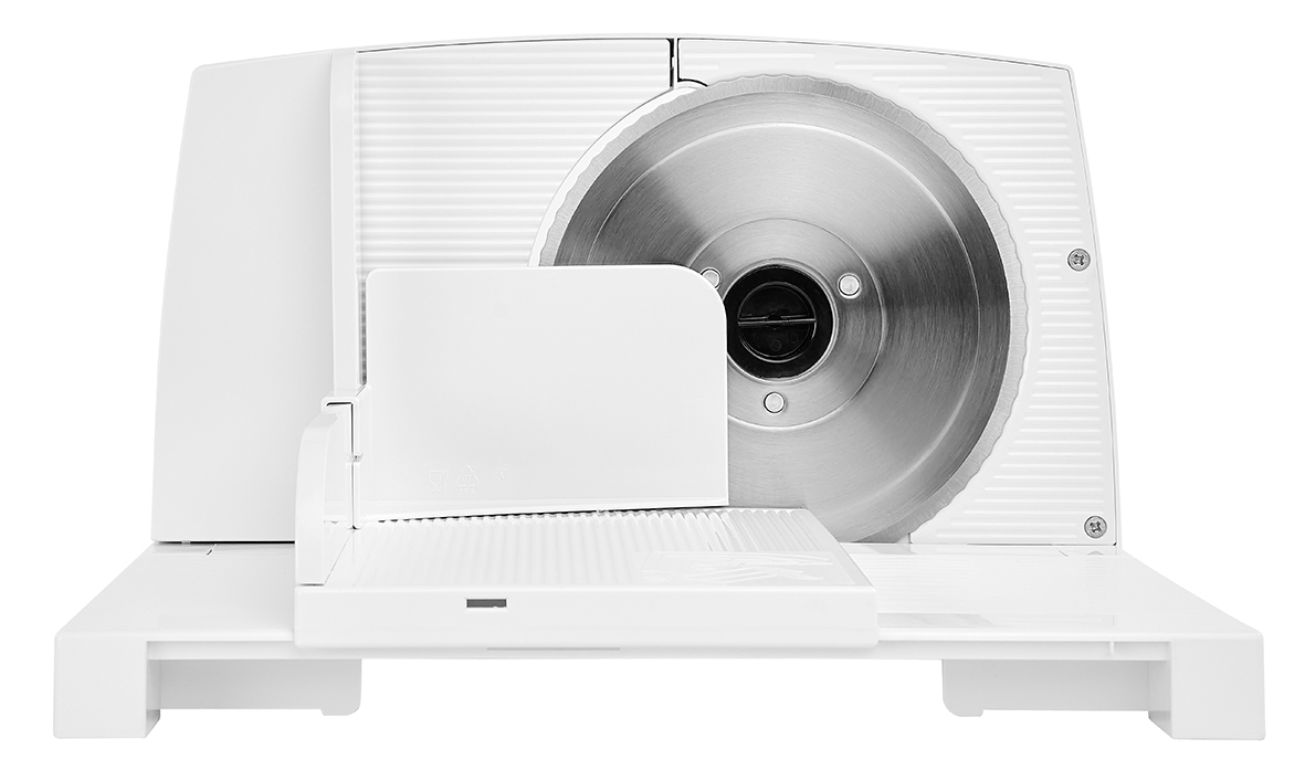 White food slicer made of plastic, rear view