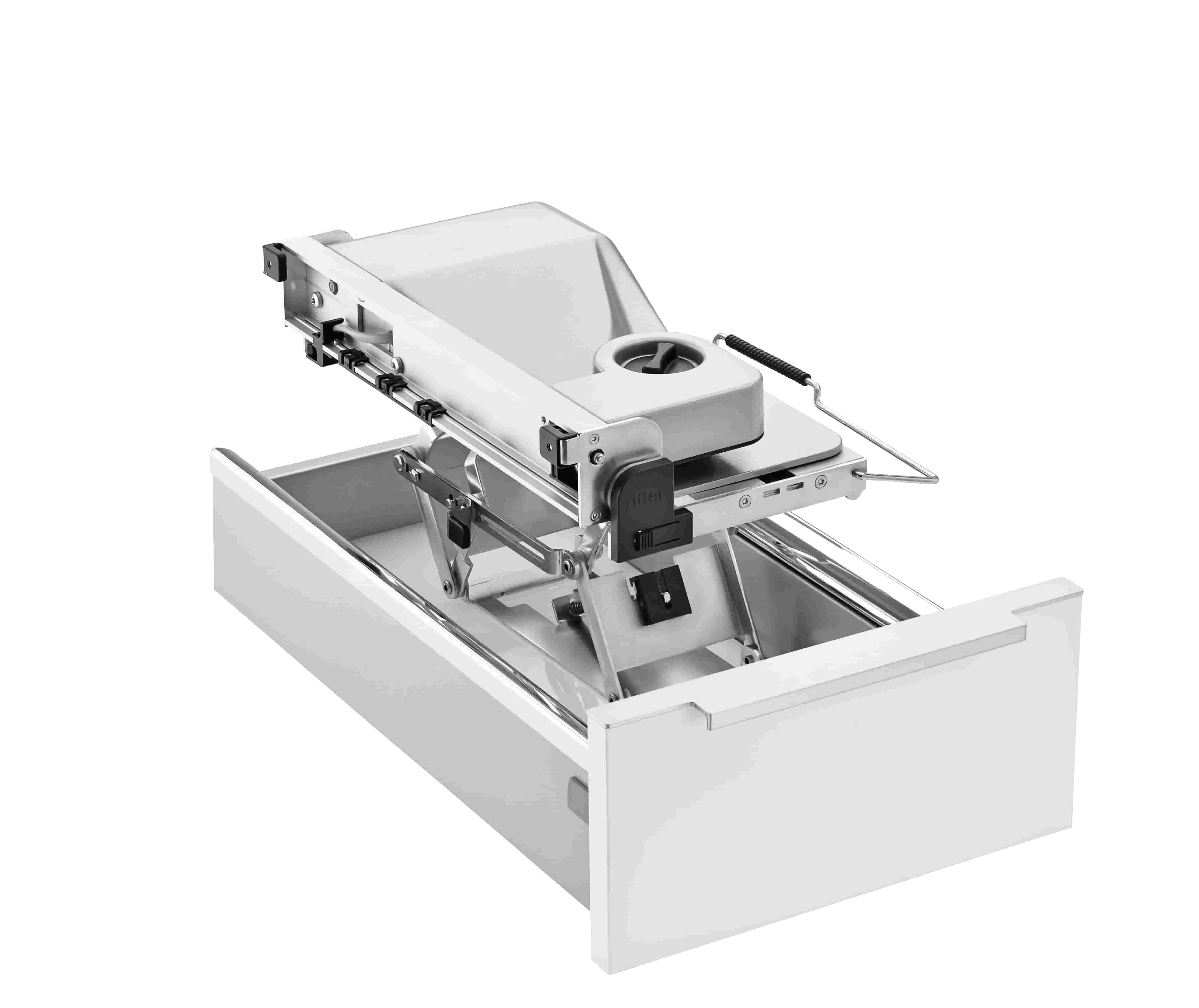 Elektrischer Einbau-Allesschneider in silber, eingeklappte Ansicht