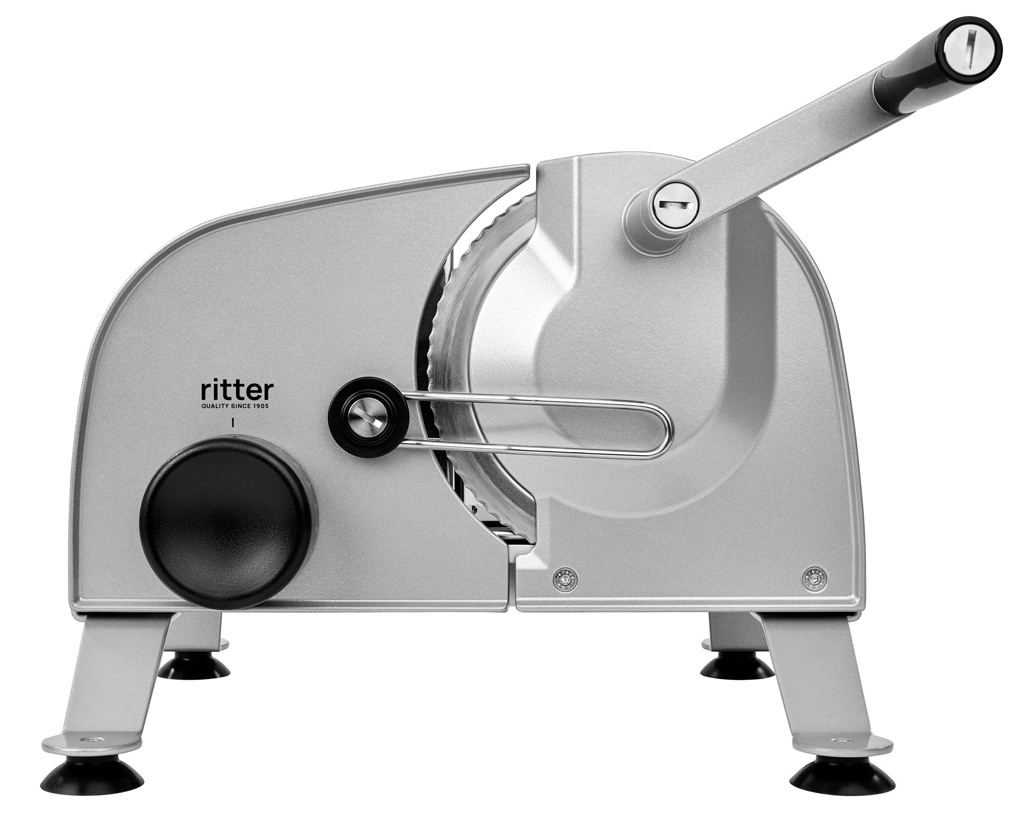 Silberner manueller Allesschneider der Marke ritter mit schwarzem Drehknopf und Griff Silberner manueller Allesschneider der Marke ritter mit schwarzem Drehknopf und Griff