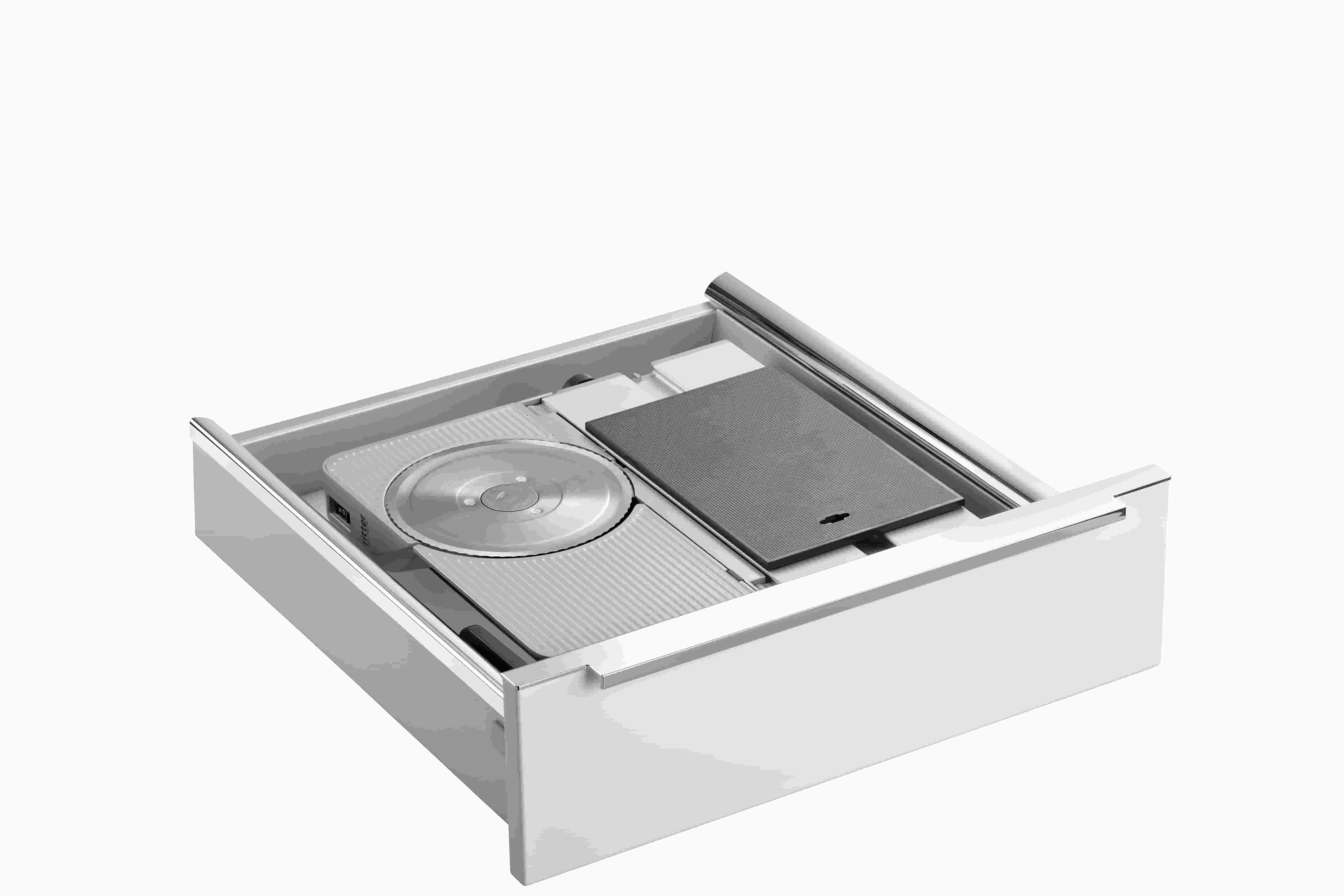 Electric built-in all food slicer in silver, folded view