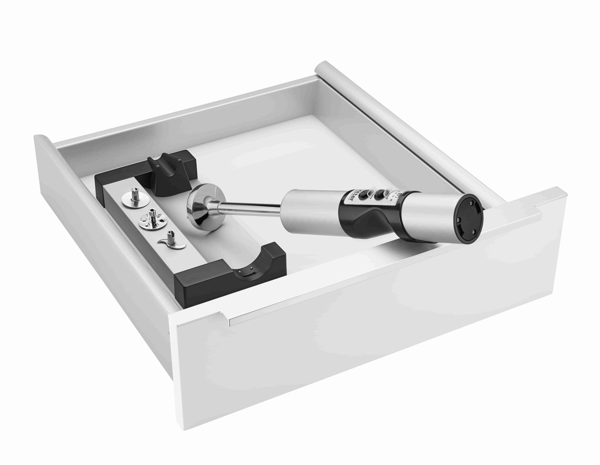 Electric built-in handblender in silver, angled view