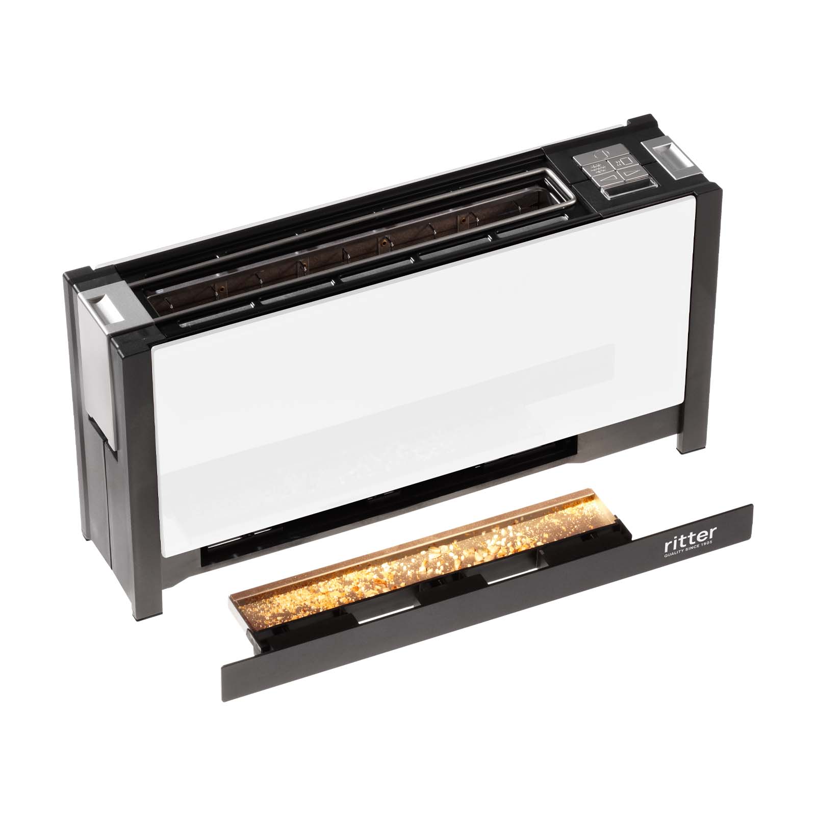Das Krümelfach des elektrischen Toasters in der Farbe weiß.
