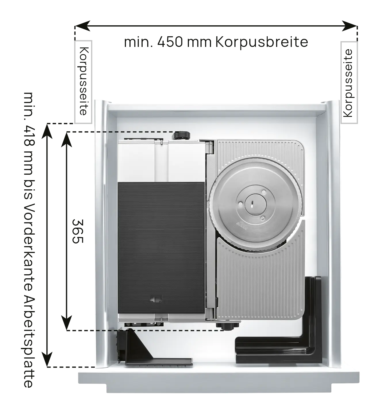 Ein Bild von einer Einbau-Maßzeichnung des linksgeführten Einbau-Allesschneiders, mit den technischen Daten 3.