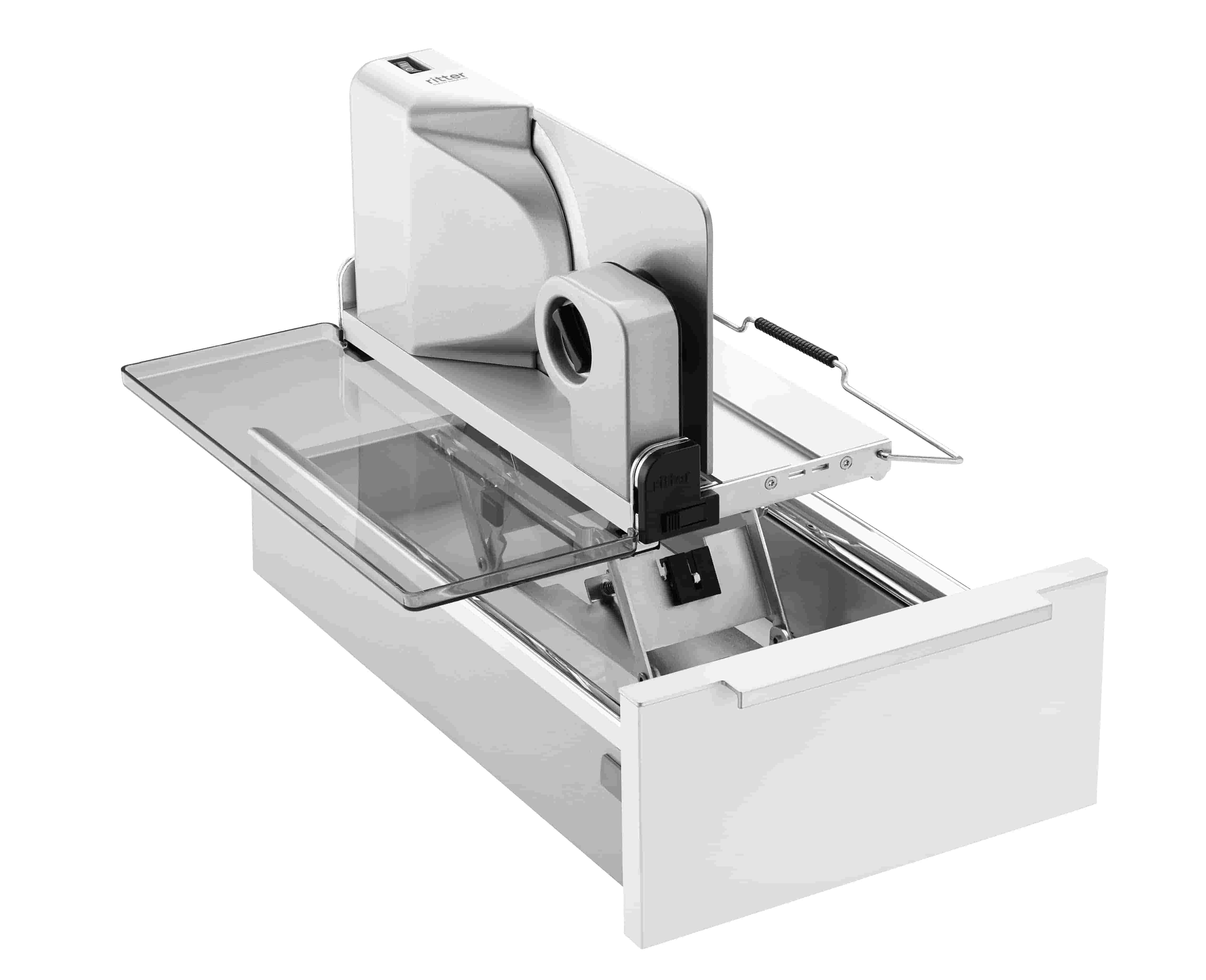 Elektrischer Einbau-Allesschneider in silber, schräge Ansicht