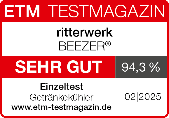 Auszeichnung Auszeichnung vom ETM Testmagazin für den wahrscheinlich schnellsten, luftbasierten Getränkekühler der Welt, mit der Note "sehr gut" (94,3%)