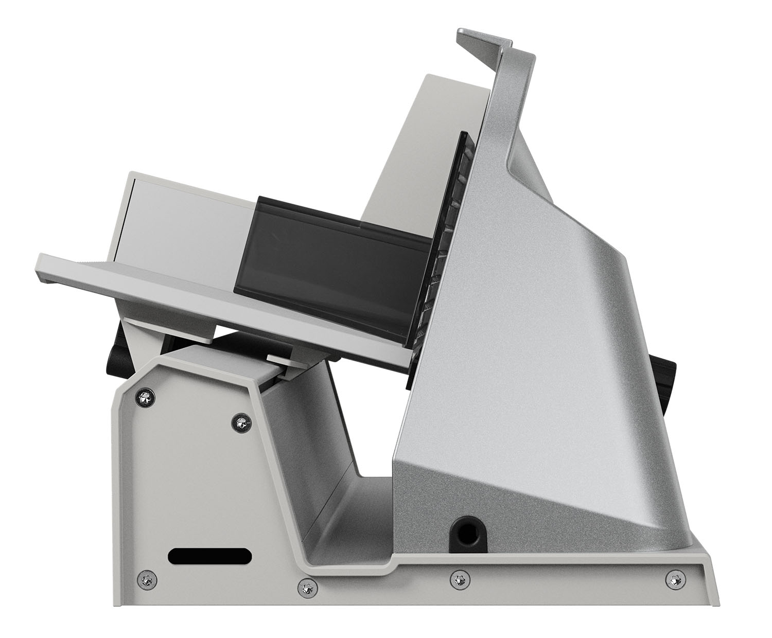 Electric deli slicer in silver, side view