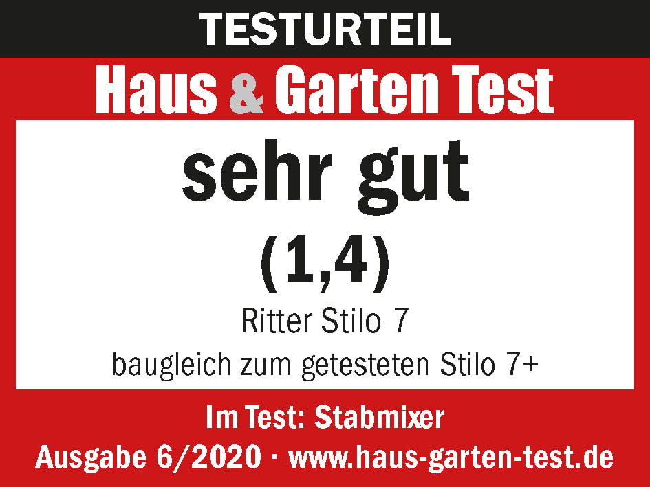 Auszeichnung vom Haus und Garten Test für den elektrischen Stabmixer, mit der Note "sehr gut" (1,4)